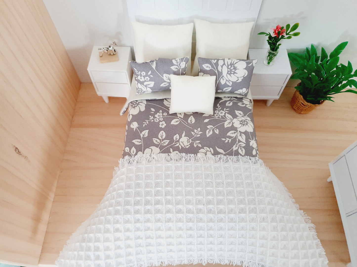 Dolls house 7 piece set, Double bedding, Grey Floral double bedding set, 12th scale bedding, miniature bed set