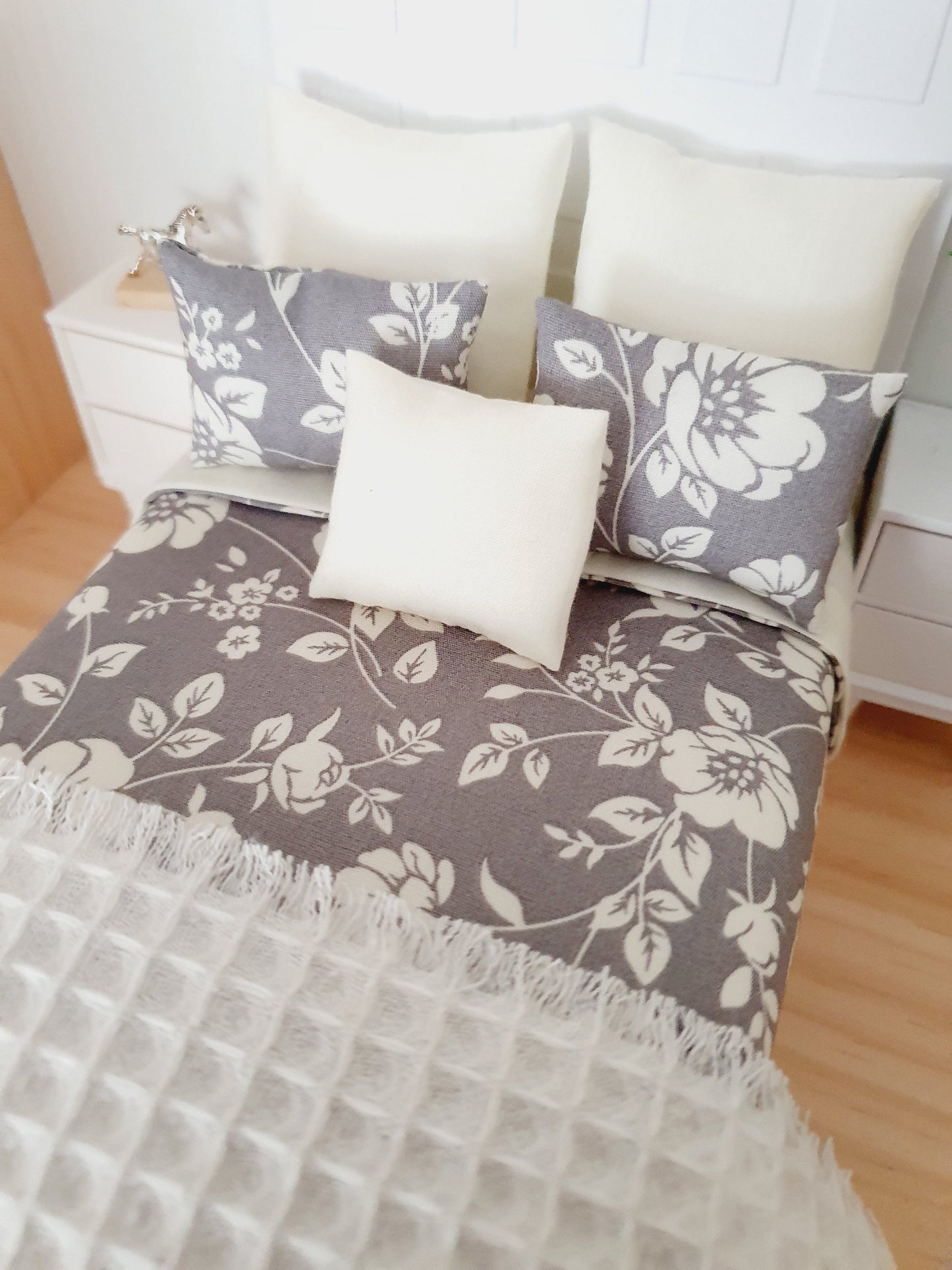 Dolls house 7 piece set, Double bedding, Grey Floral double bedding set, 12th scale bedding, miniature bed set