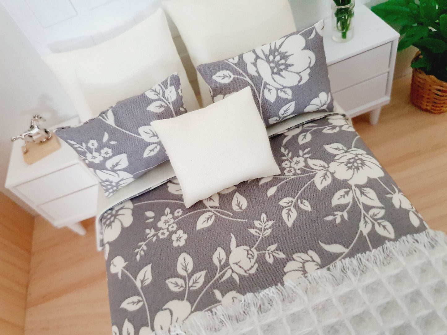 Dolls house 7 piece set, Double bedding, Grey Floral double bedding set, 12th scale bedding, miniature bed set