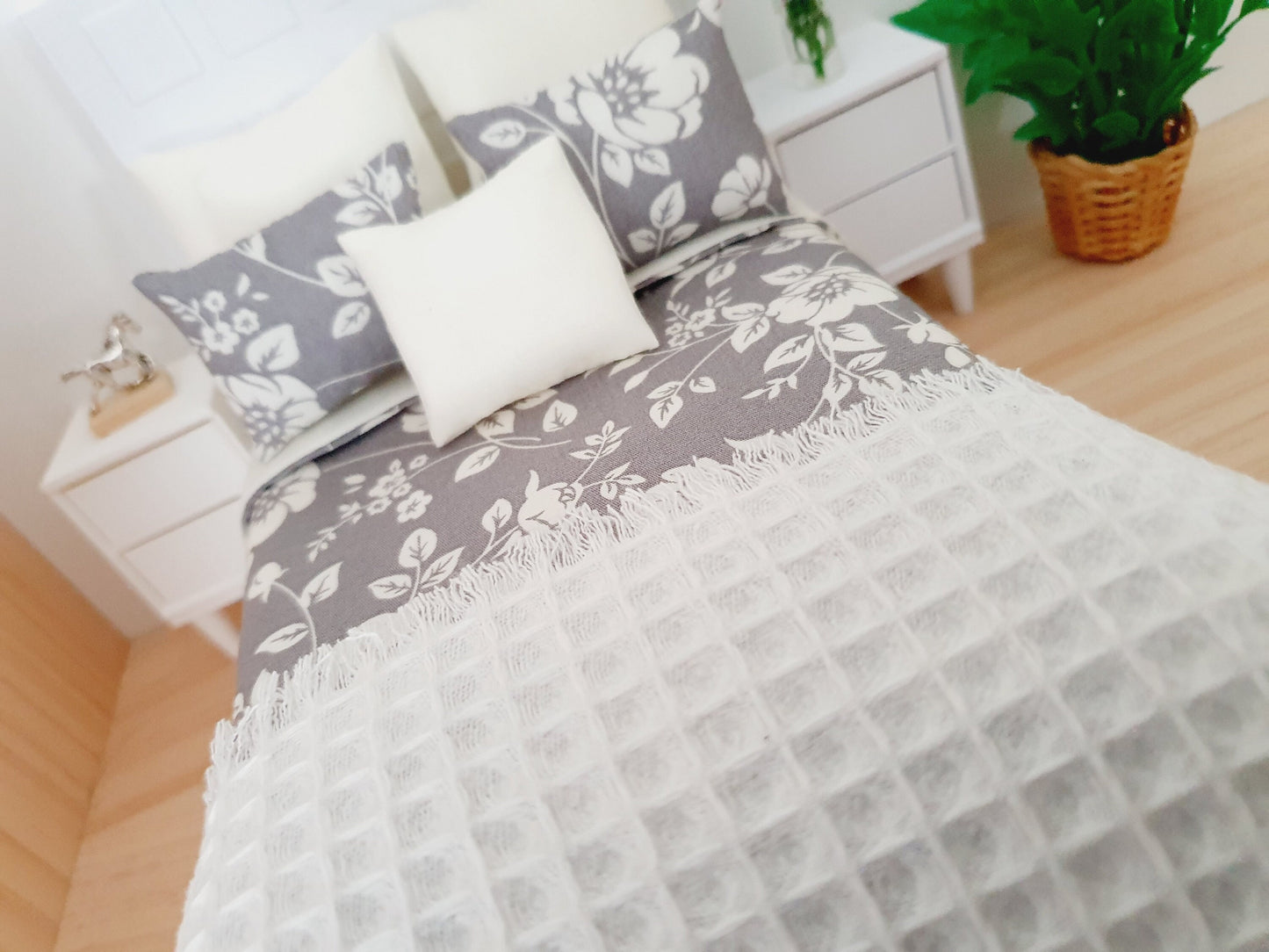 Dolls house 7 piece set, Double bedding, Grey Floral double bedding set, 12th scale bedding, miniature bed set