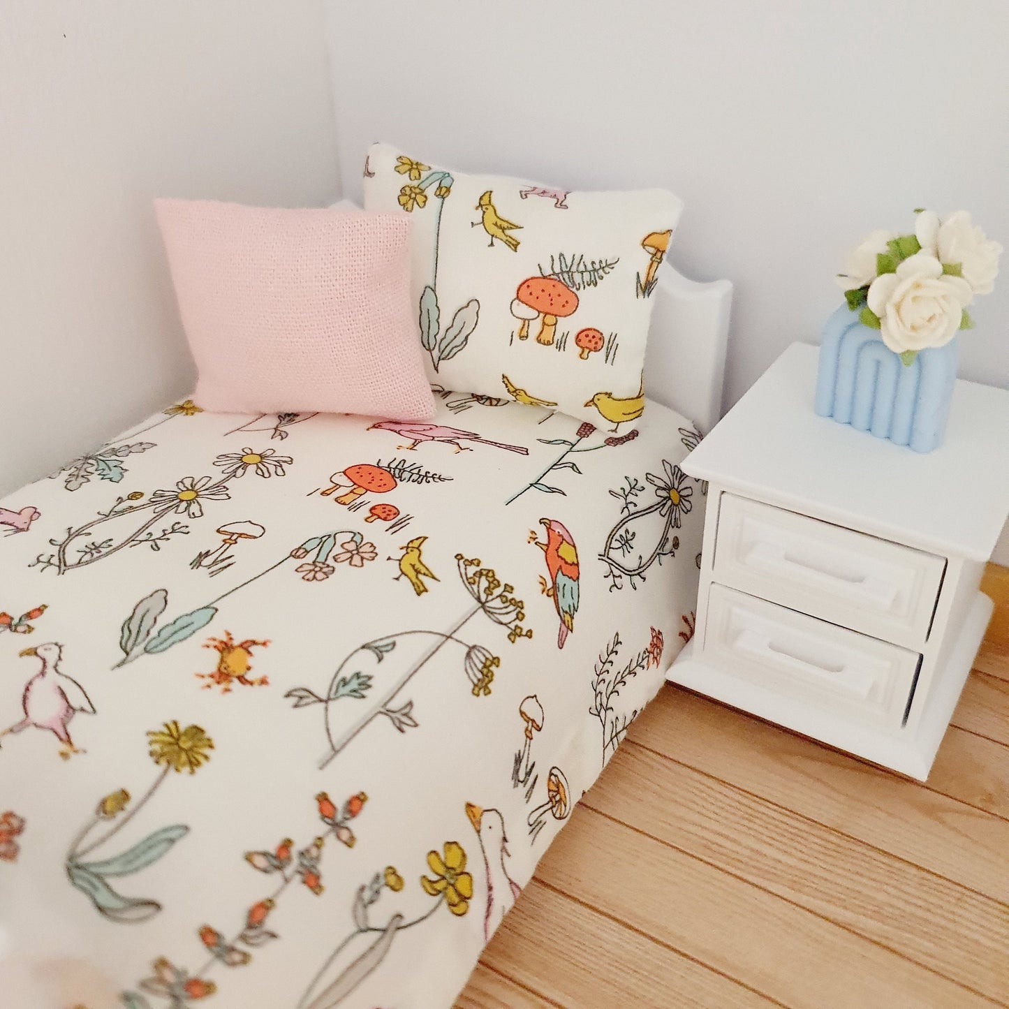 Dolls House Junior Bedding Set – Liberty Theo Ducks, Toadstools & Birds, Handmade in England, 1:12 Scale