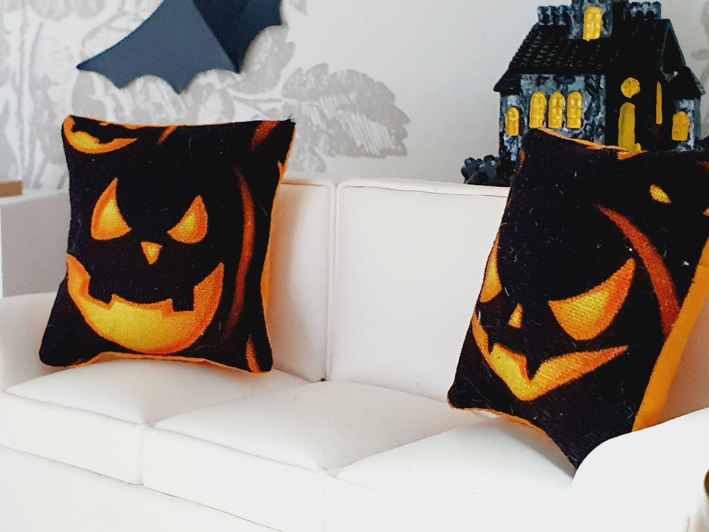 Dolls house 2x Halloween Pumpkin Cushions, 12th scale cushions, miniature cushion, Halloween, Pumpkins