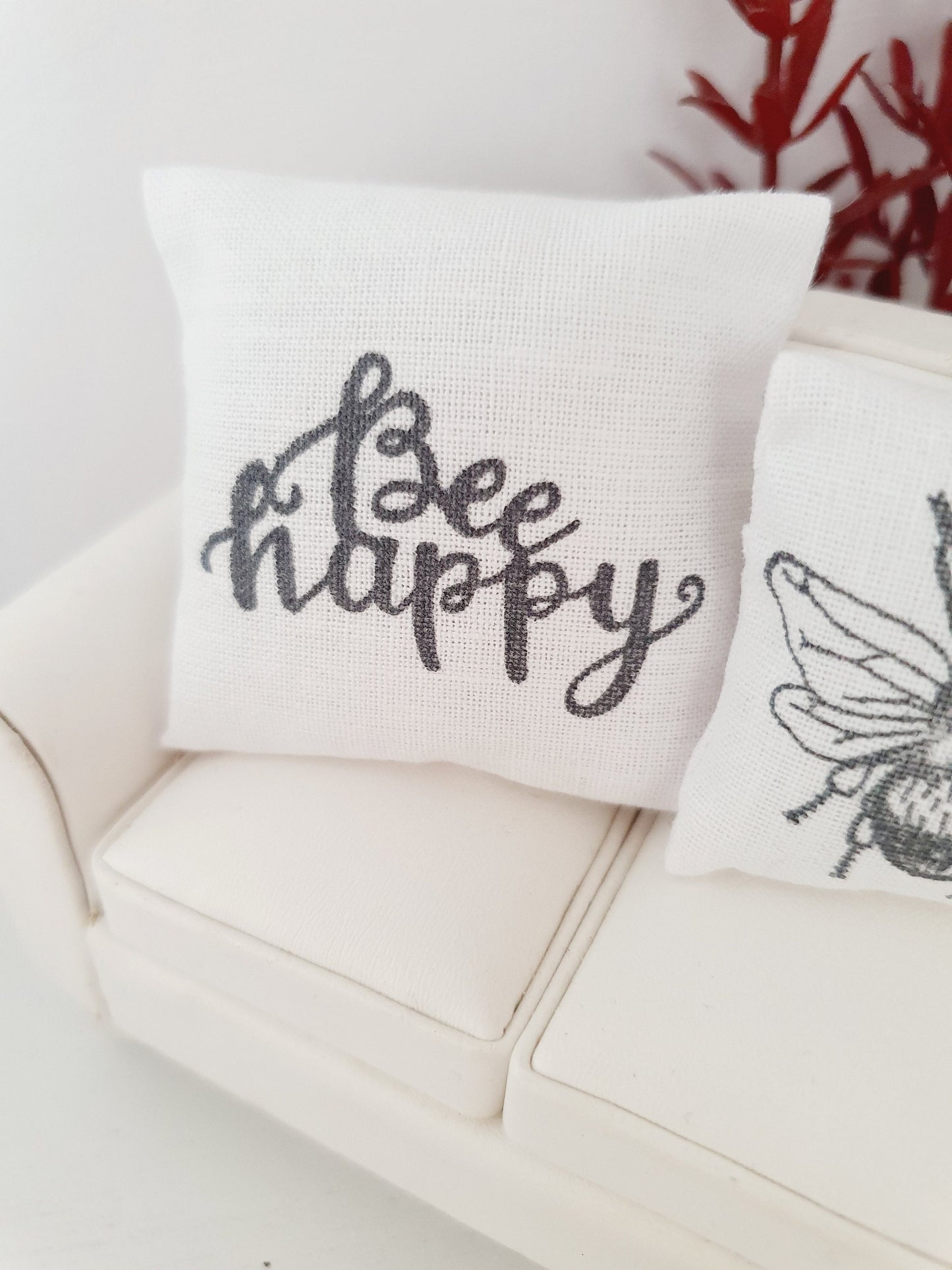 Dolls house Bee & Bee Happy Cushion Pair, 12th scale cushions, miniature cushions