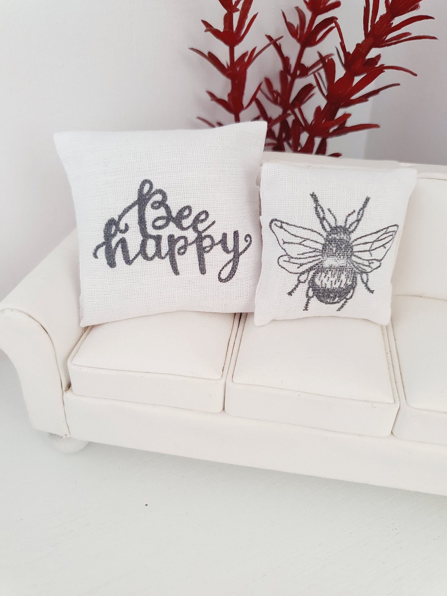 Dolls house Bee & Bee Happy Cushion Pair, 12th scale cushions, miniature cushions
