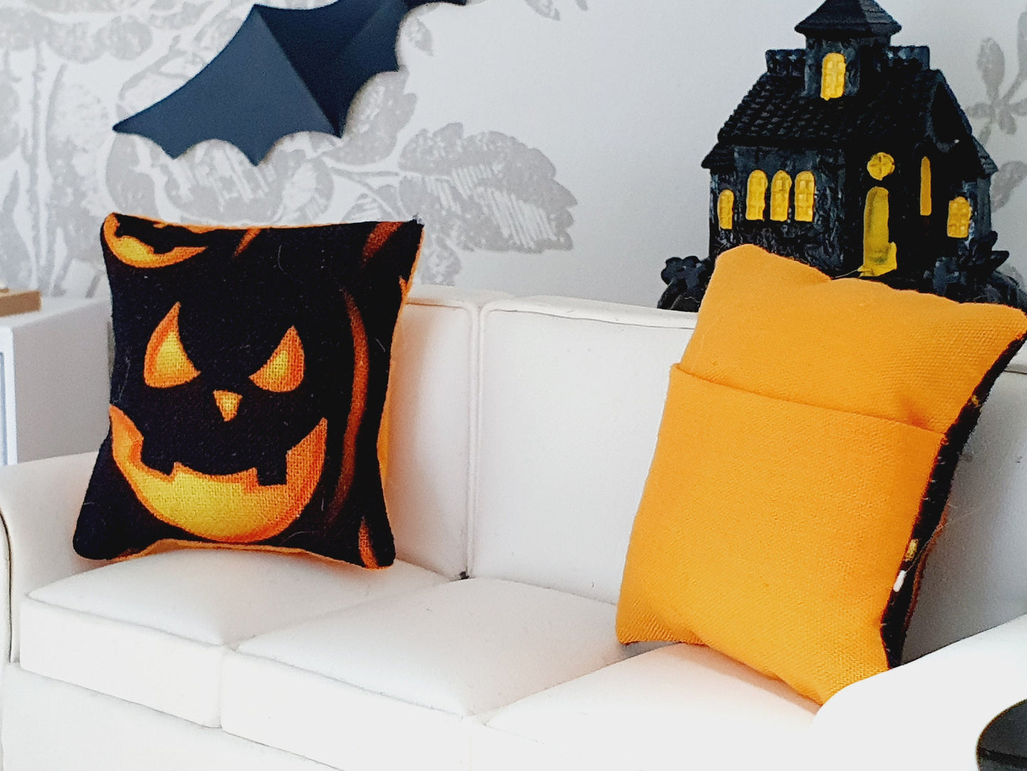 Dolls house 2x Halloween Pumpkin Cushions, 12th scale cushions, miniature cushion, Halloween, Pumpkins