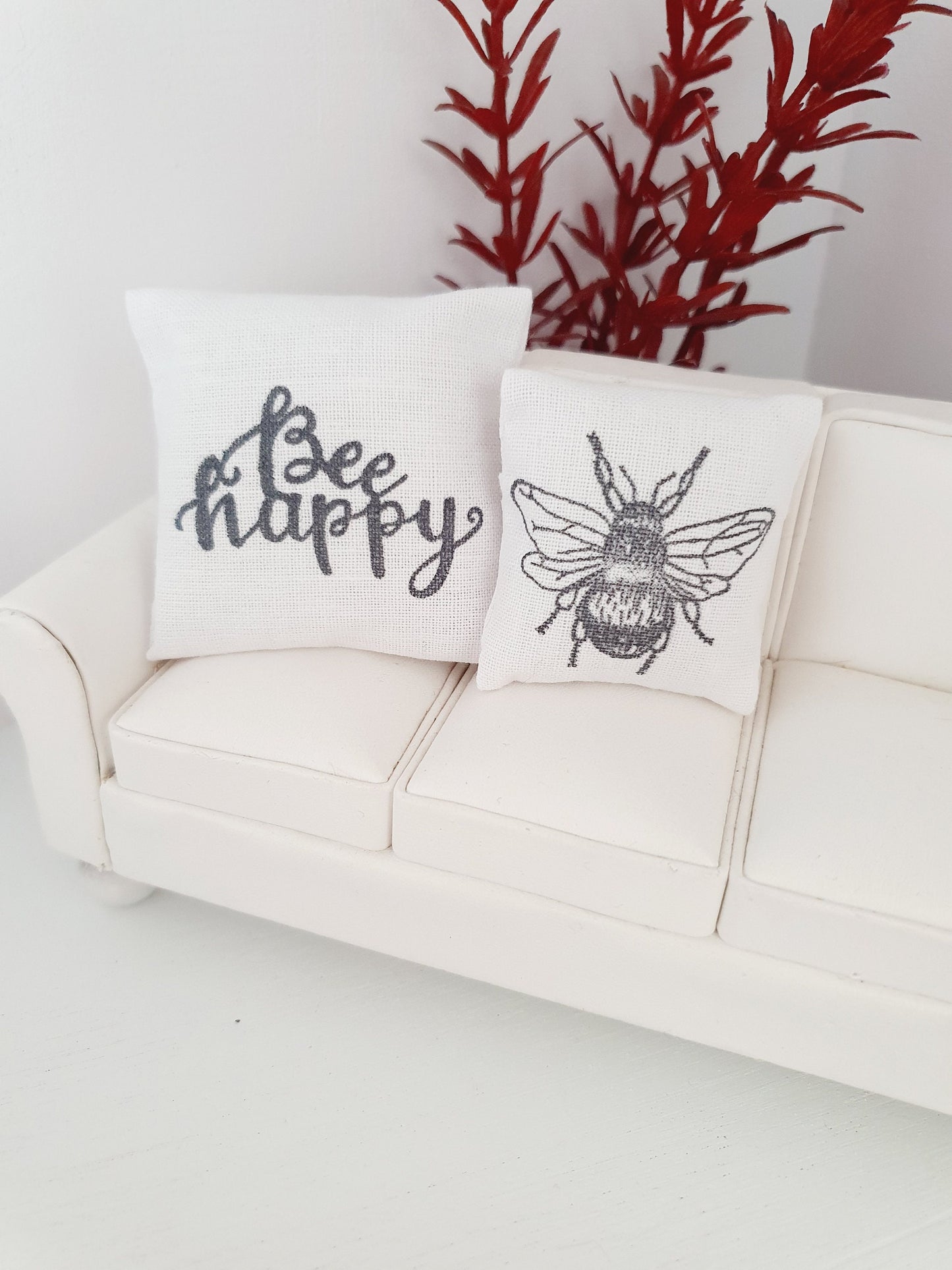 Dolls house Bee & Bee Happy Cushion Pair, 12th scale cushions, miniature cushions