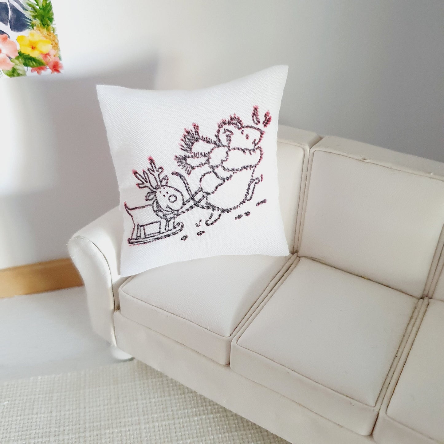 Dolls house Christmas Mouse and Reindeer Cushion, 12th scale cushions, Miniature Christmas cushion