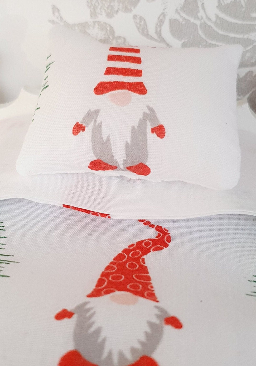 Dolls House Christmas Junior Bedding Set – Gonk Santa Pillow & Red Cushion, Handmade in England, 1:12 Scale