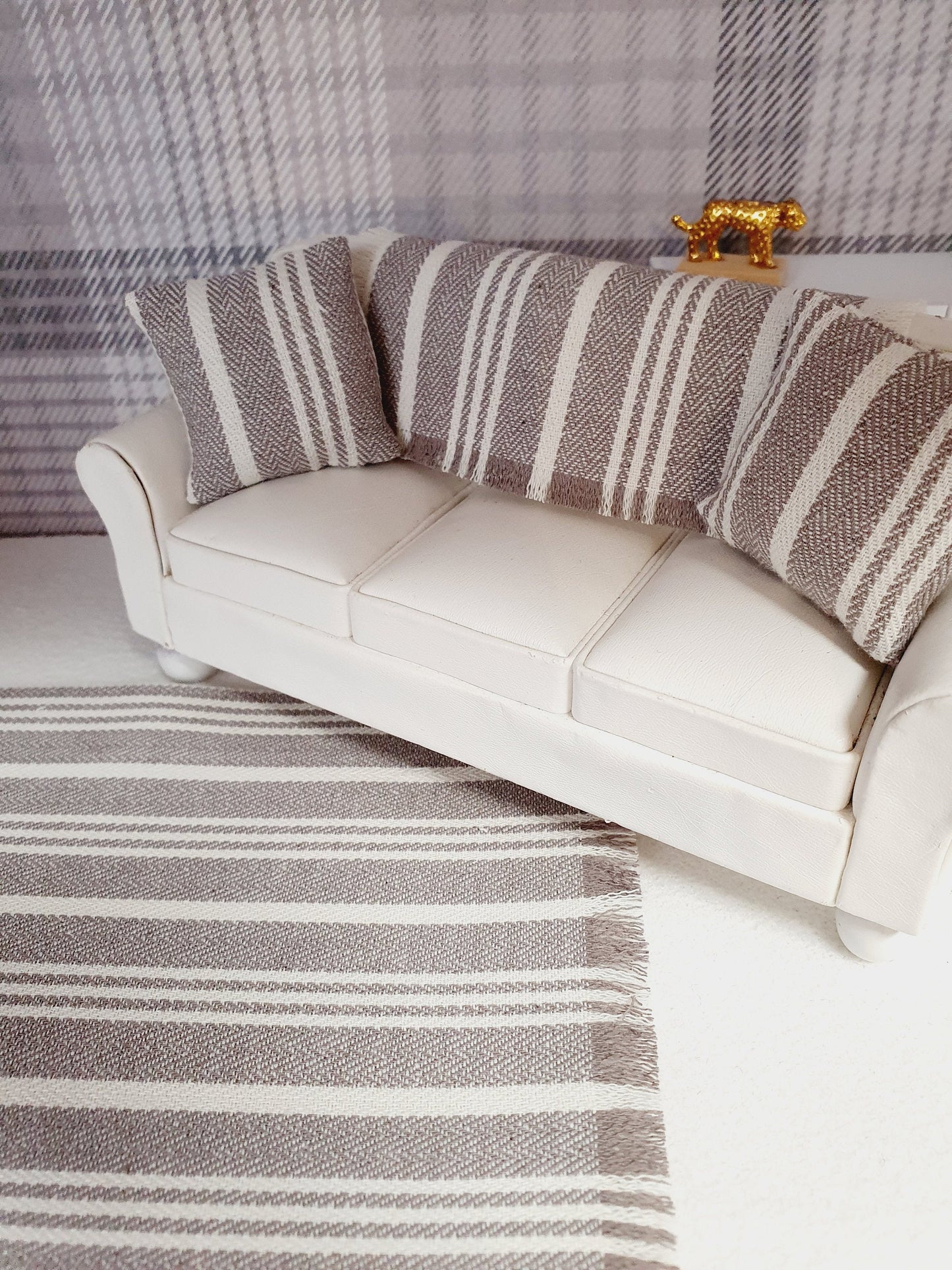 Dolls House Dark Beige & Cream Striped Rug, 1:12th Scale, Miniature Rug, Linen Effect