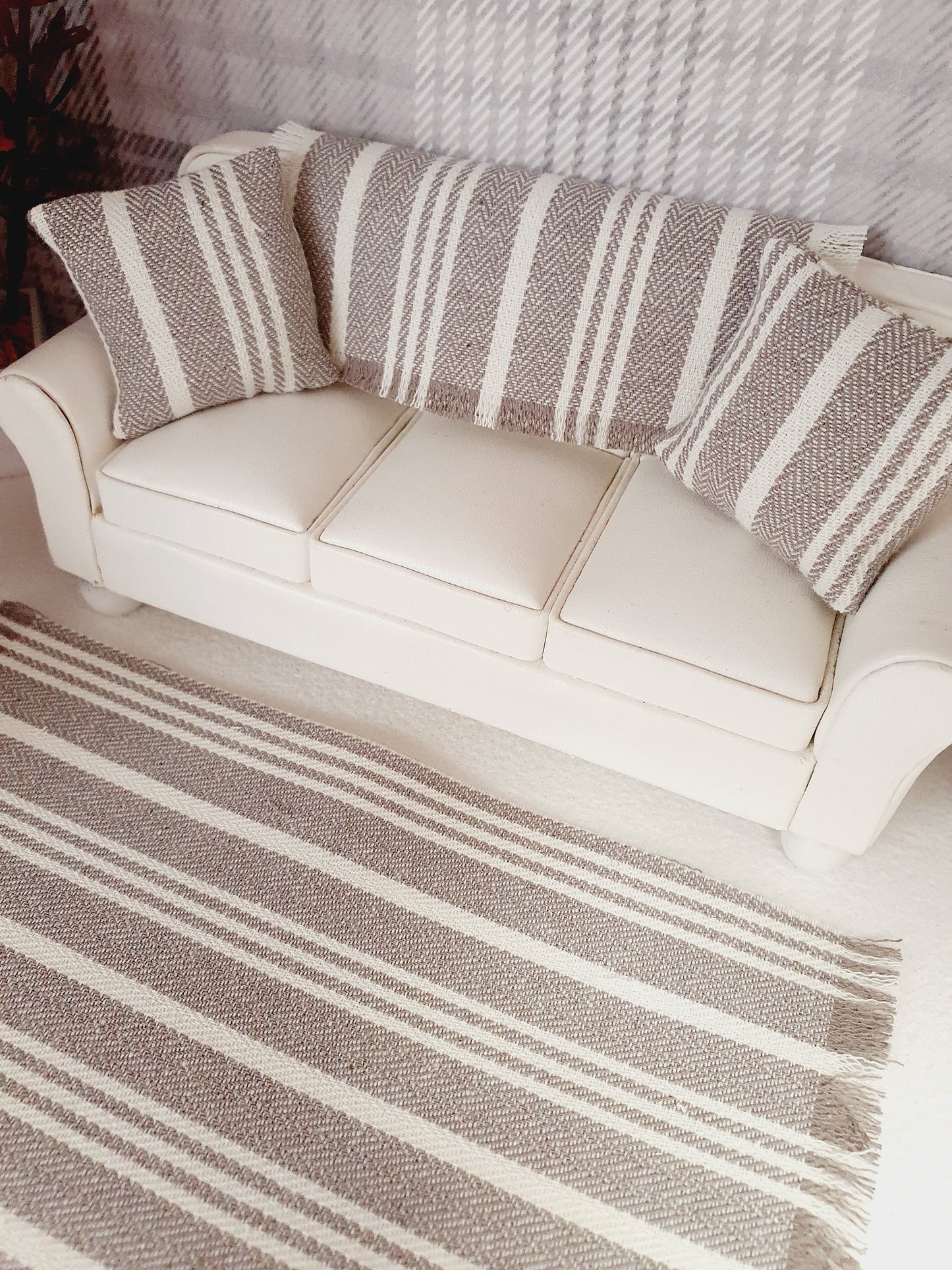 Dolls House Dark Beige & Cream Striped Rug, 1:12th Scale, Miniature Rug, Linen Effect