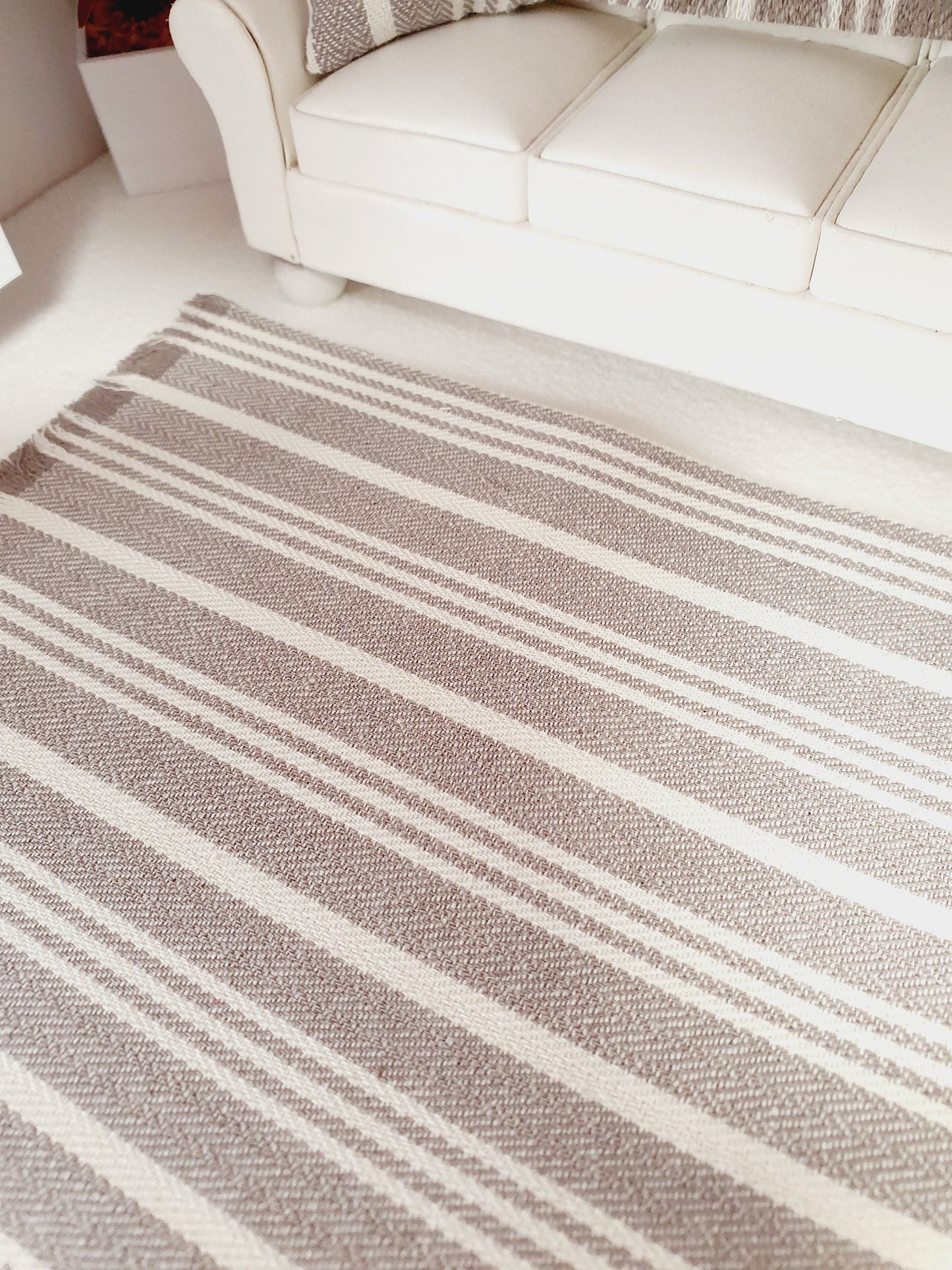 Dolls House Dark Beige & Cream Striped Rug, 1:12th Scale, Miniature Rug, Linen Effect