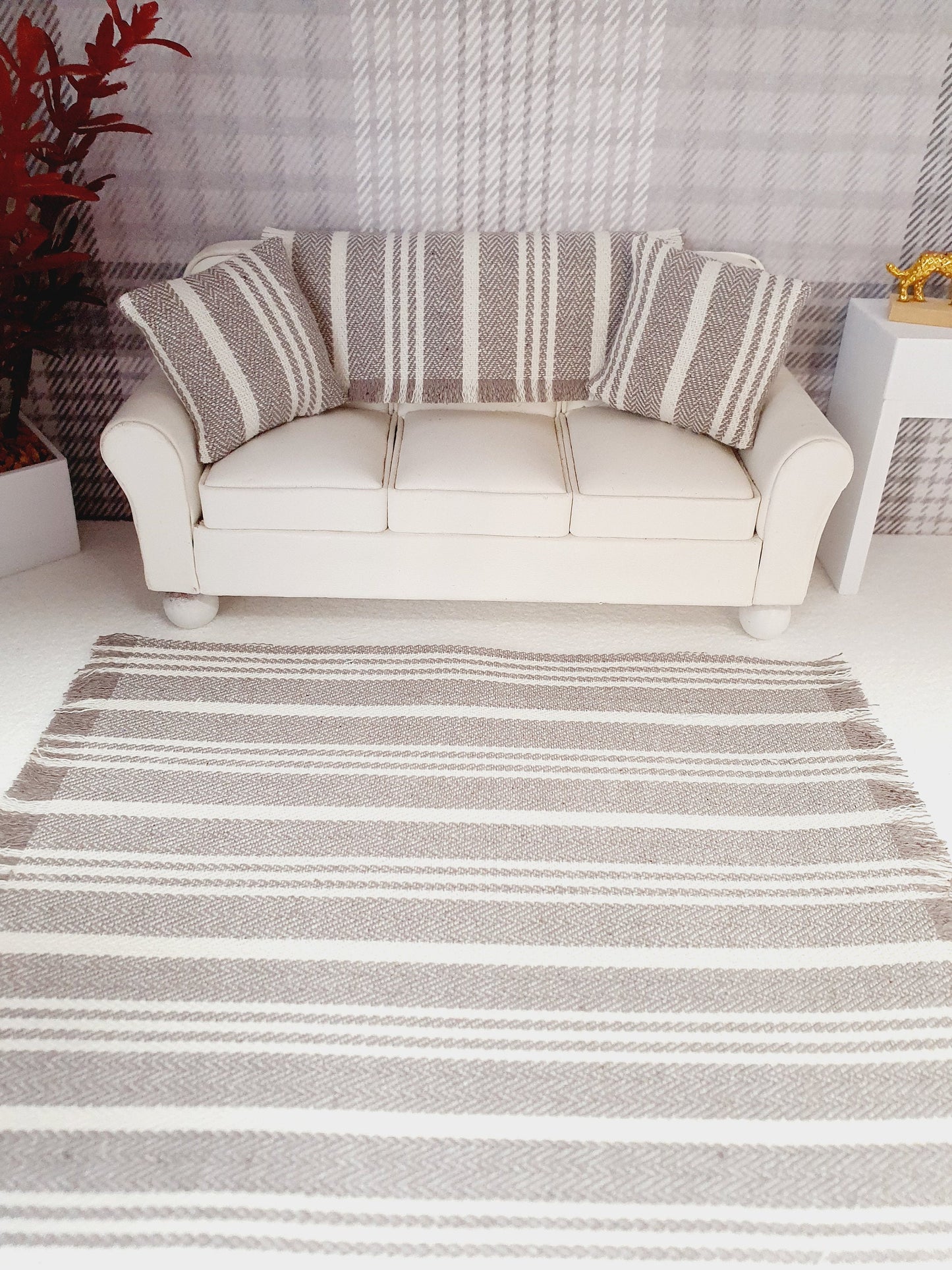 Dolls House Dark Beige & Cream Striped Rug, 1:12th Scale, Miniature Rug, Linen Effect