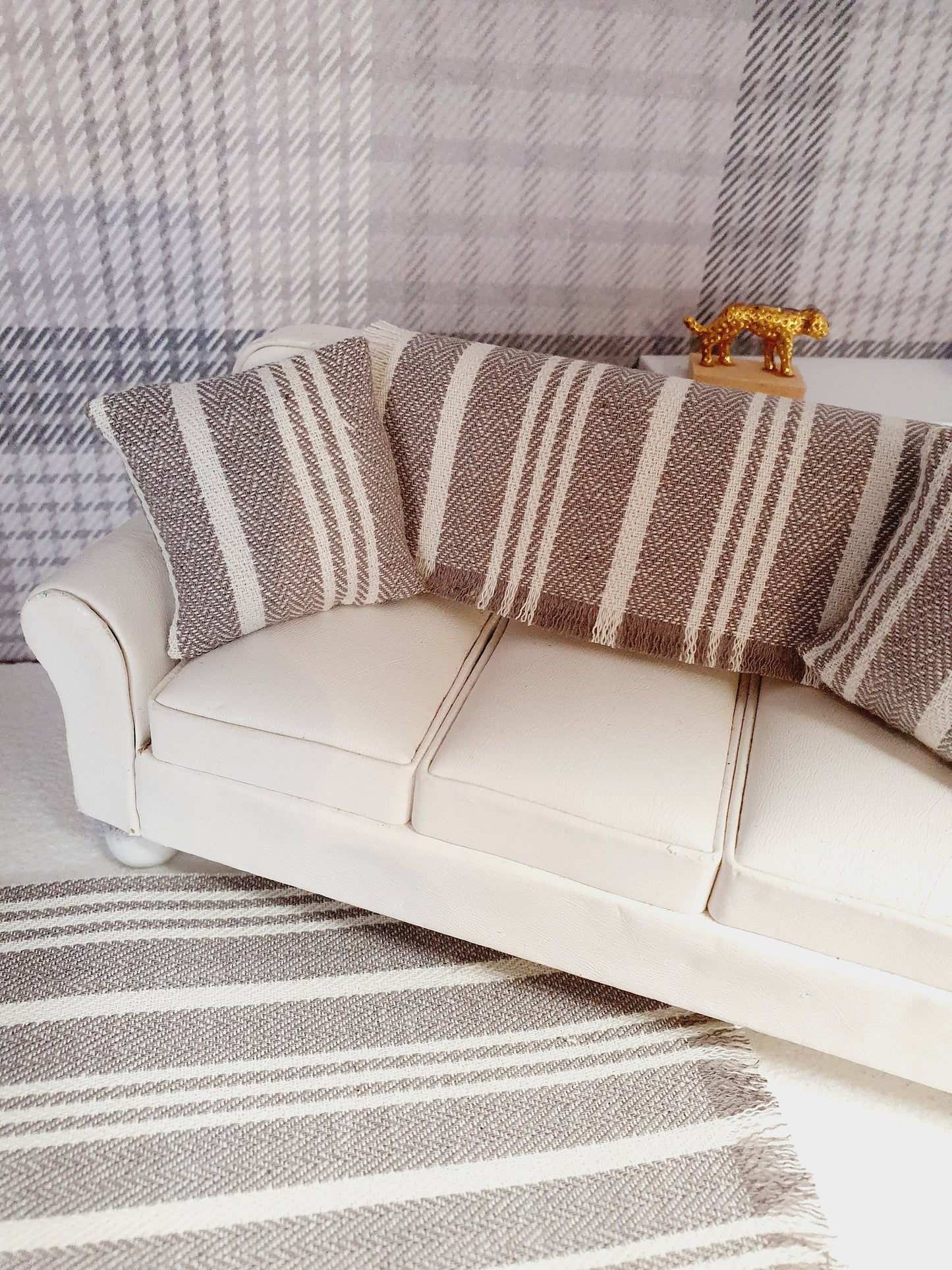 Dolls House Dark Beige & Cream Striped Rug, 1:12th Scale, Miniature Rug, Linen Effect