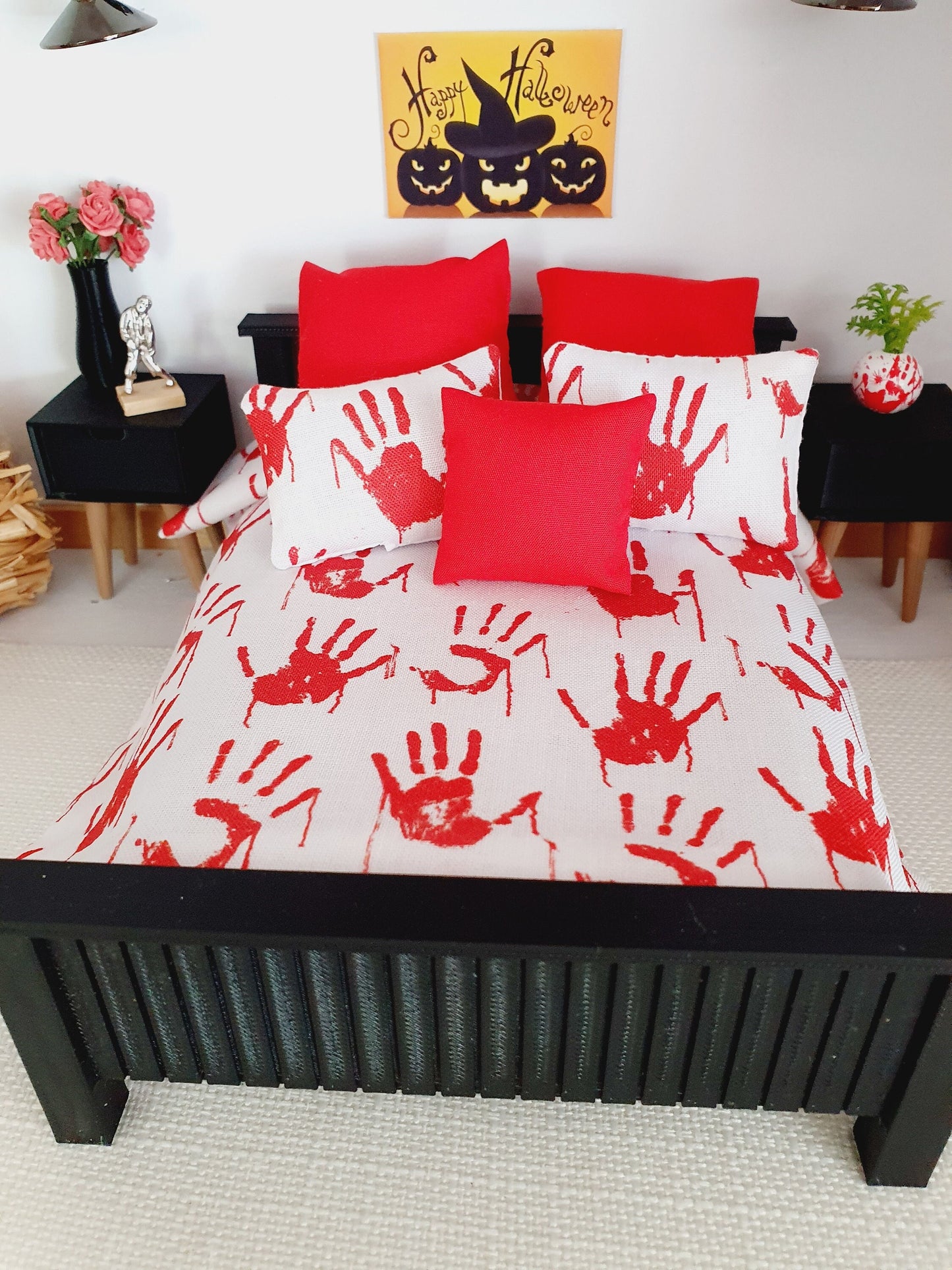 Dolls house Halloween 6 piece set, Double bedding, White with Red blood hand prints, 12th scale bedding, miniature bed set