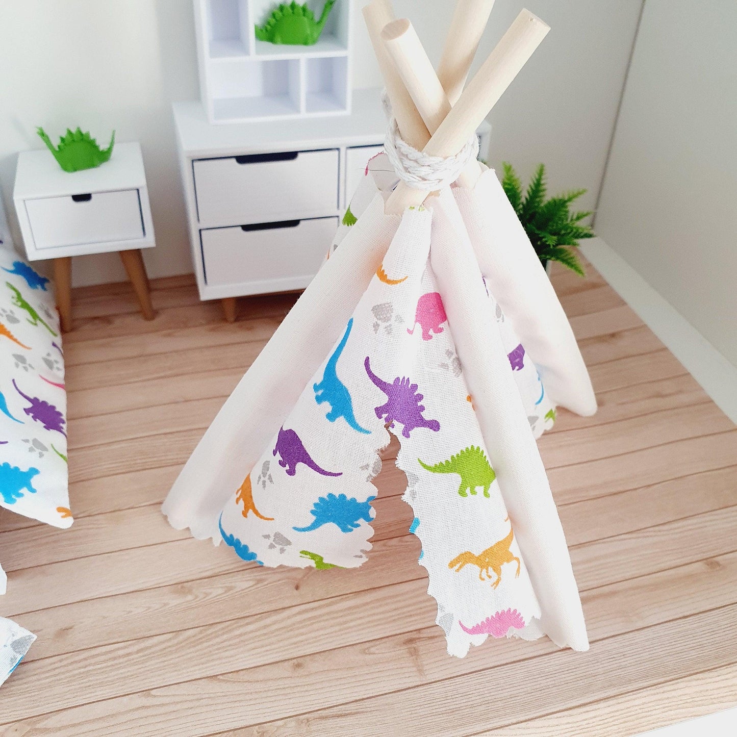 Dolls house Cute Dinosaur TeePee | Tent & Floor cushion, 12th scale tent, miniature teepee, Tipi, Tent