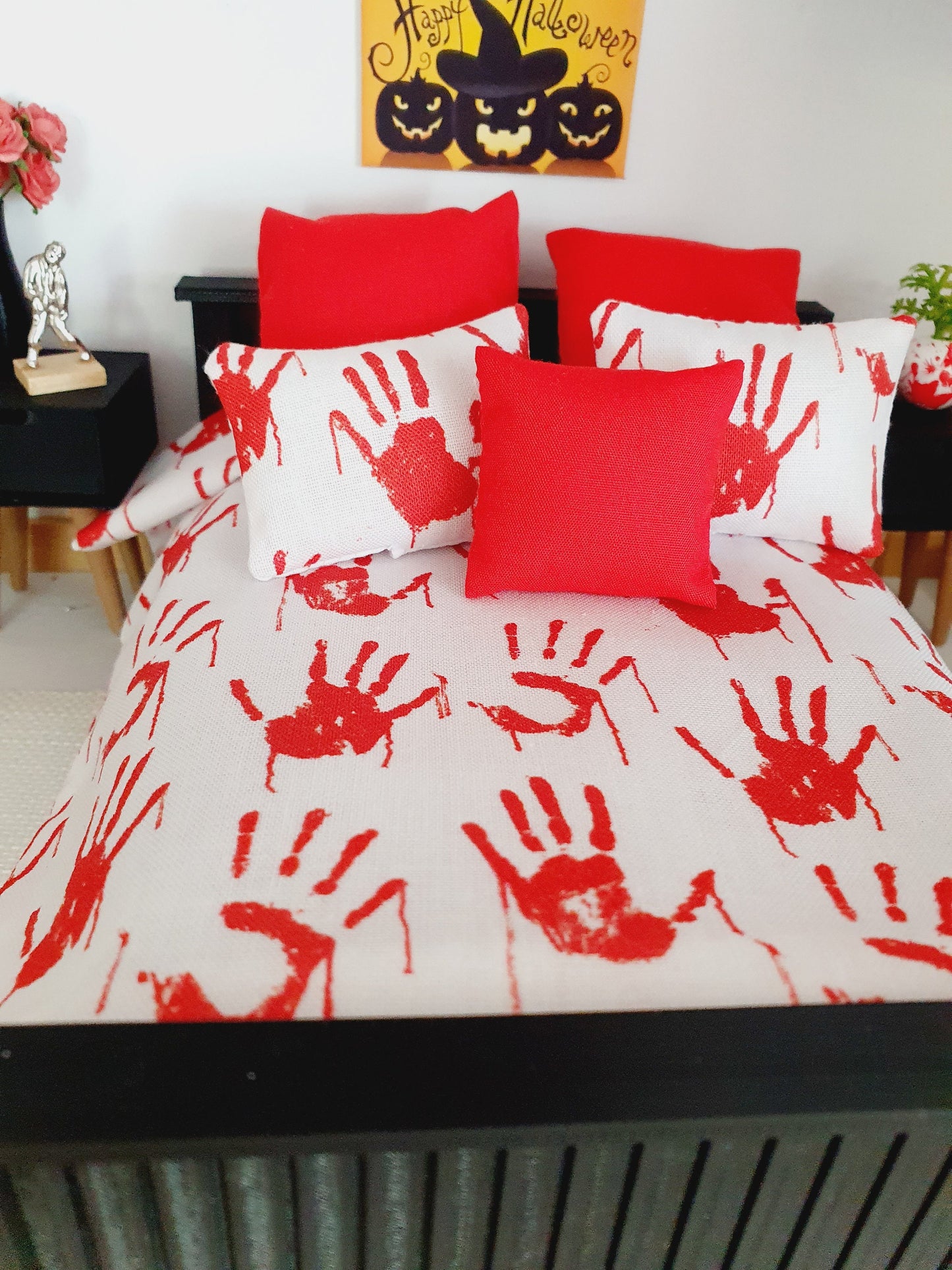 Dolls house Halloween 6 piece set, Double bedding, White with Red blood hand prints, 12th scale bedding, miniature bed set