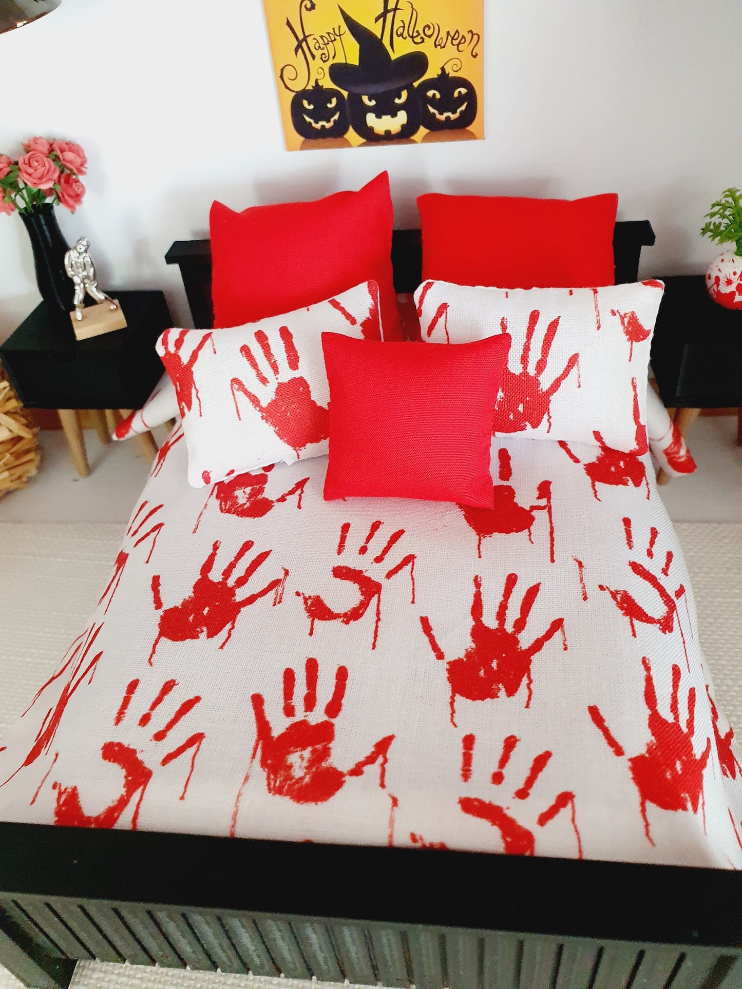 Dolls house Halloween 6 piece set, Double bedding, White with Red blood hand prints, 12th scale bedding, miniature bed set