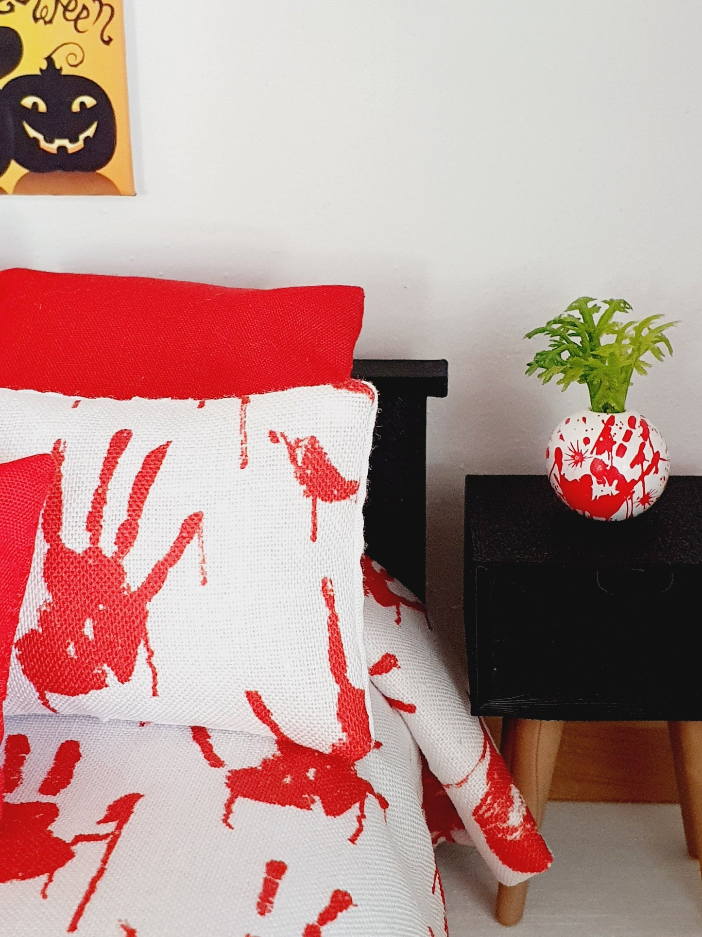 Dolls house Halloween 6 piece set, Double bedding, White with Red blood hand prints, 12th scale bedding, miniature bed set