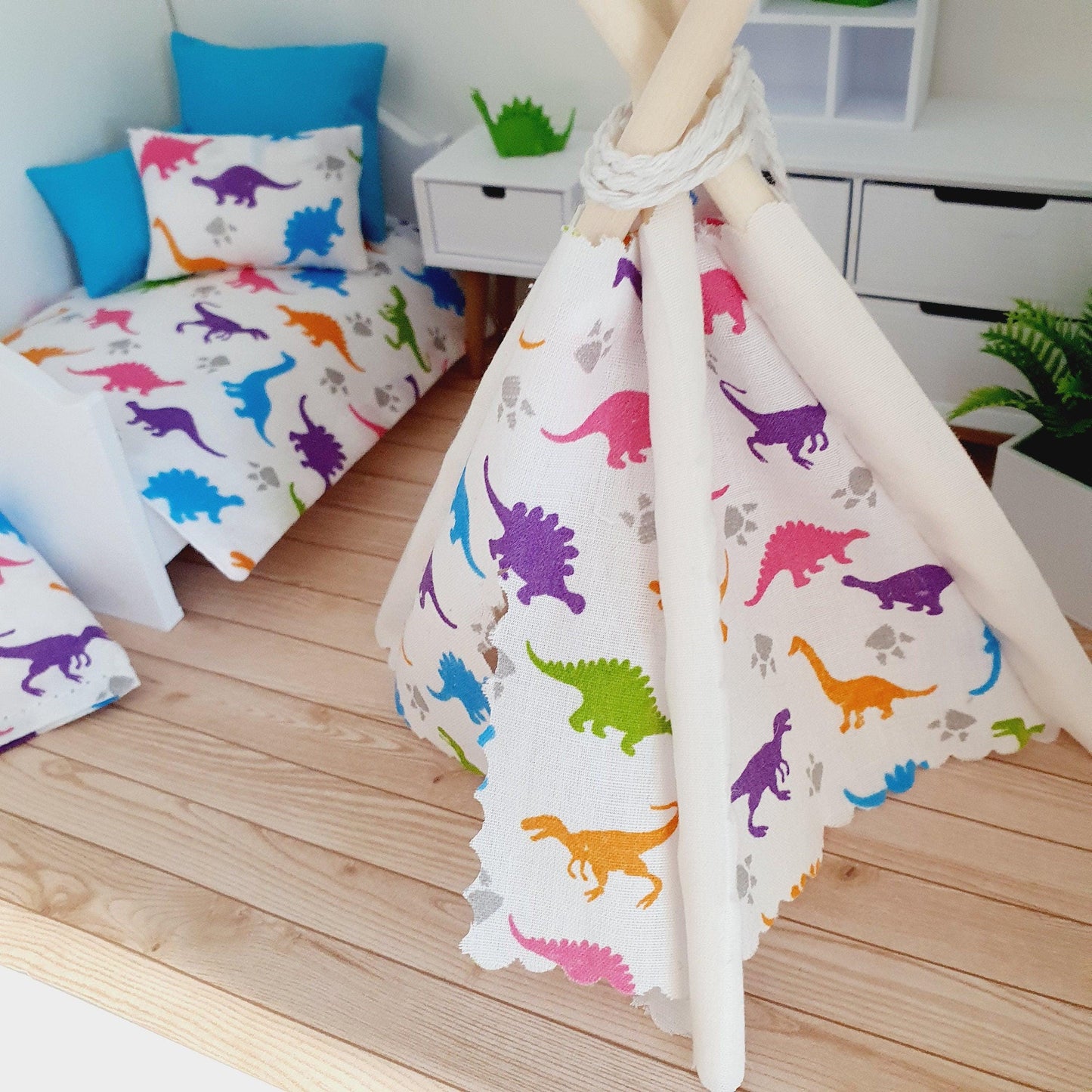 Dolls house Cute Dinosaur TeePee | Tent & Floor cushion, 12th scale tent, miniature teepee, Tipi, Tent