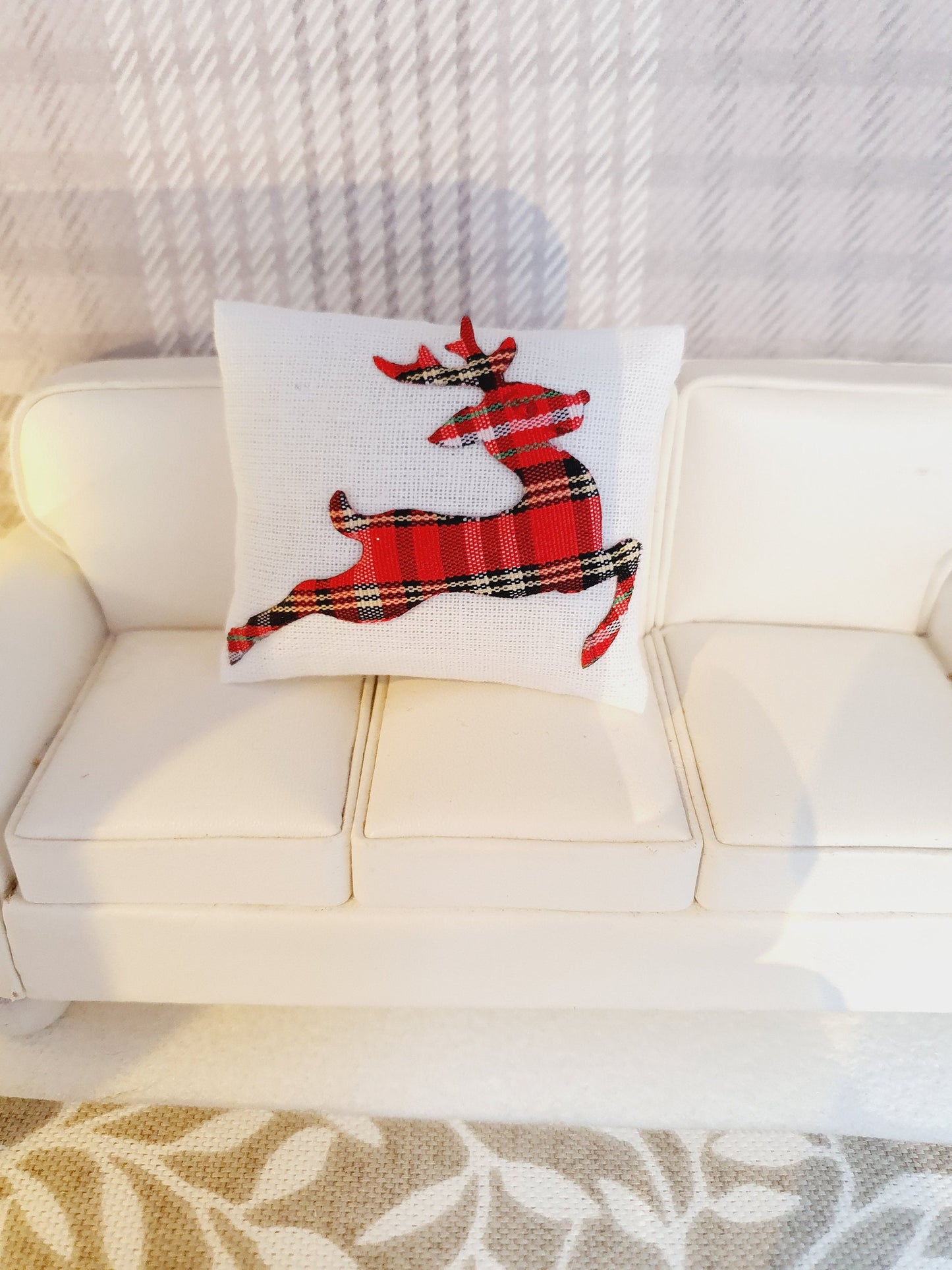 Dolls house Christmas Red or White Tartan reindeer cushion, 12th scale cushions, miniature cushion