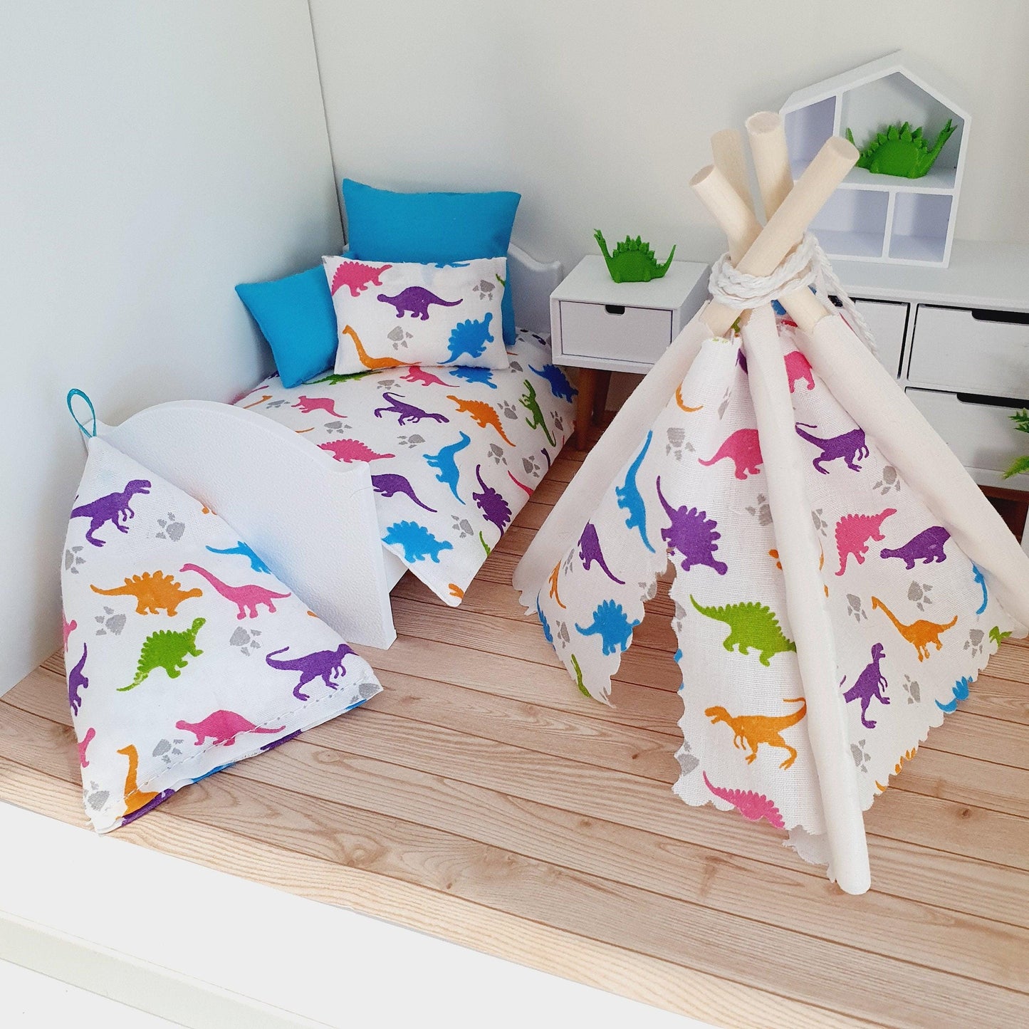 Dolls house Cute Dinosaur TeePee | Tent & Floor cushion, 12th scale tent, miniature teepee, Tipi, Tent