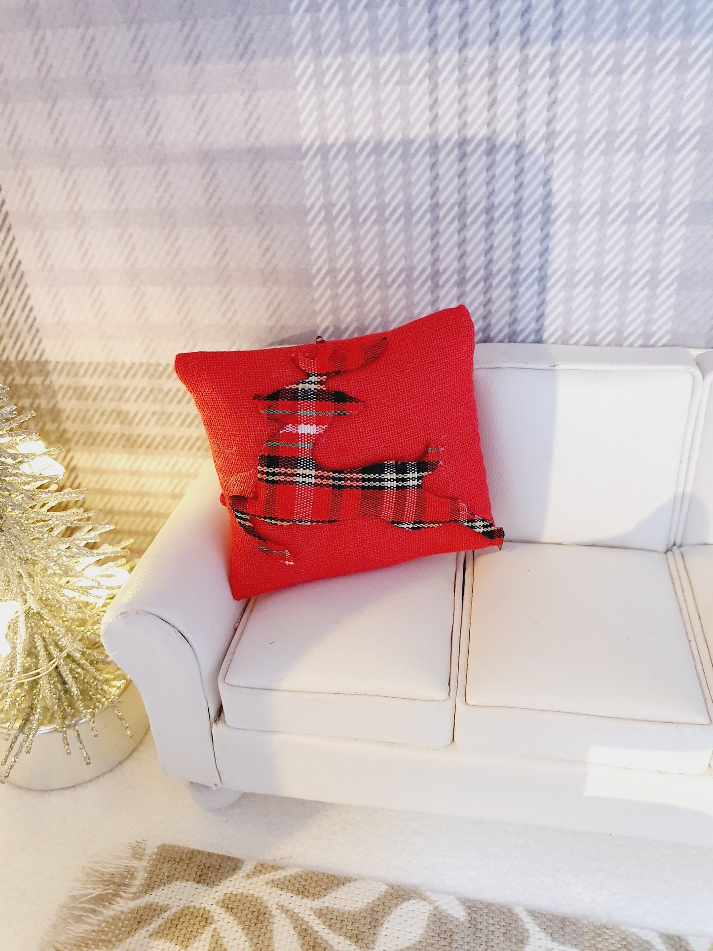 Dolls house Christmas Red or White Tartan reindeer cushion, 12th scale cushions, miniature cushion