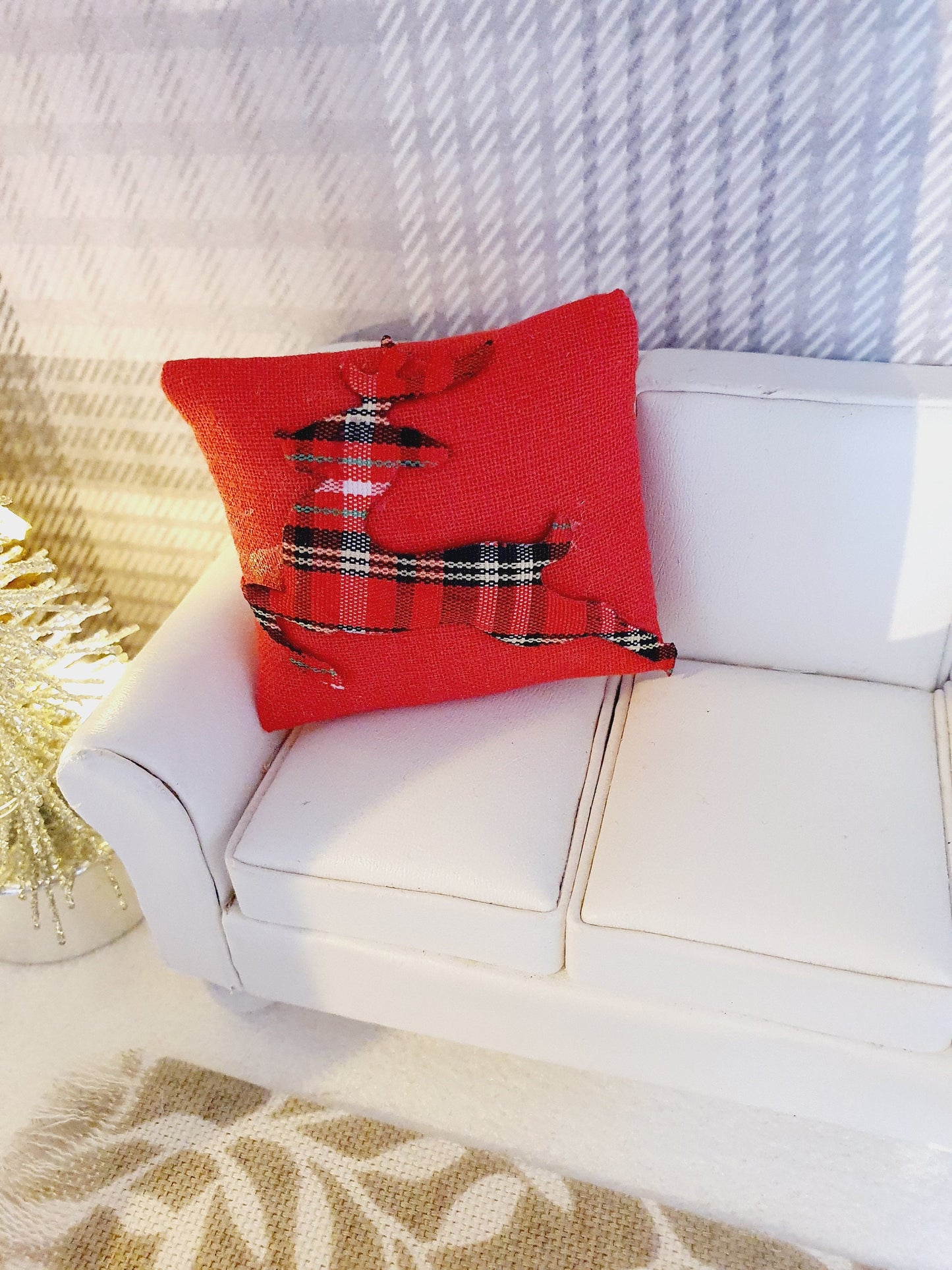 Dolls house Christmas Red or White Tartan reindeer cushion, 12th scale cushions, miniature cushion