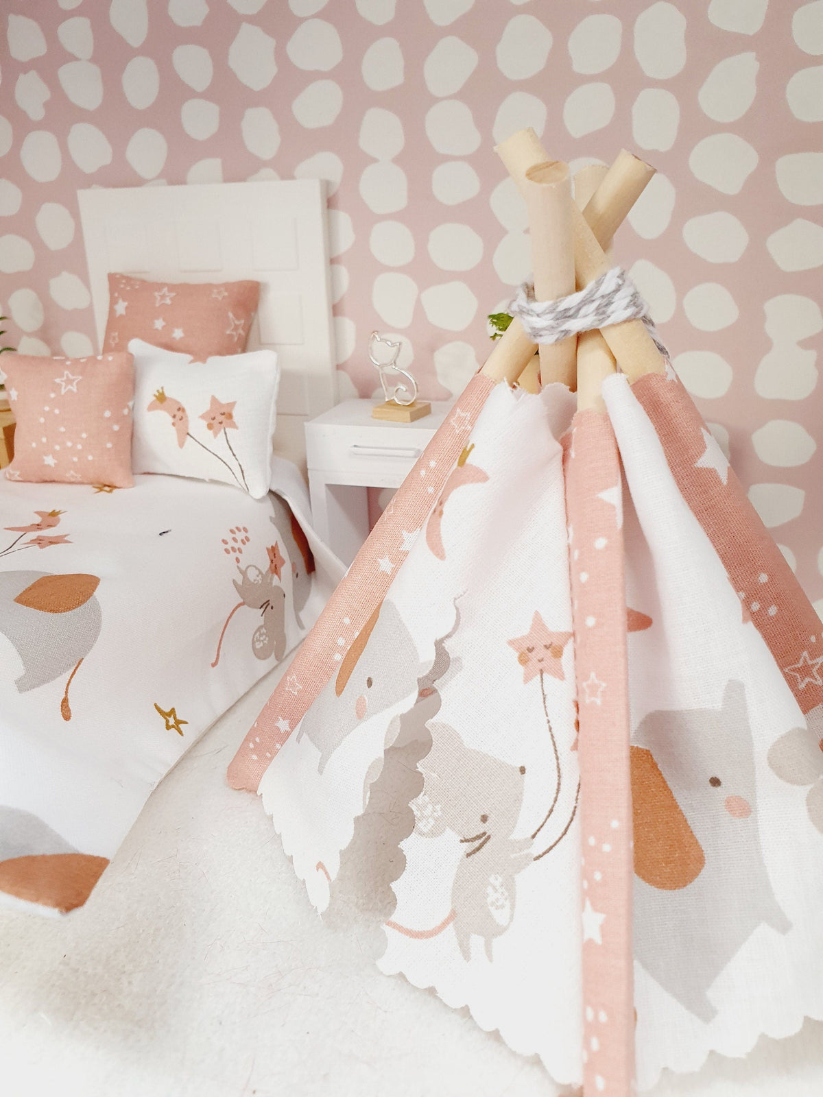 Dolls House Junior Bedding Set – Pink Mouse & Elephant Theme, Handmade in England, 1:12 Scale