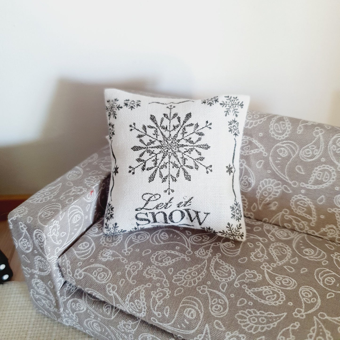 Dolls house Christmas Let it Snow Cushion, White with black Snowflake cushion, 12th scale cushions, miniature cushion