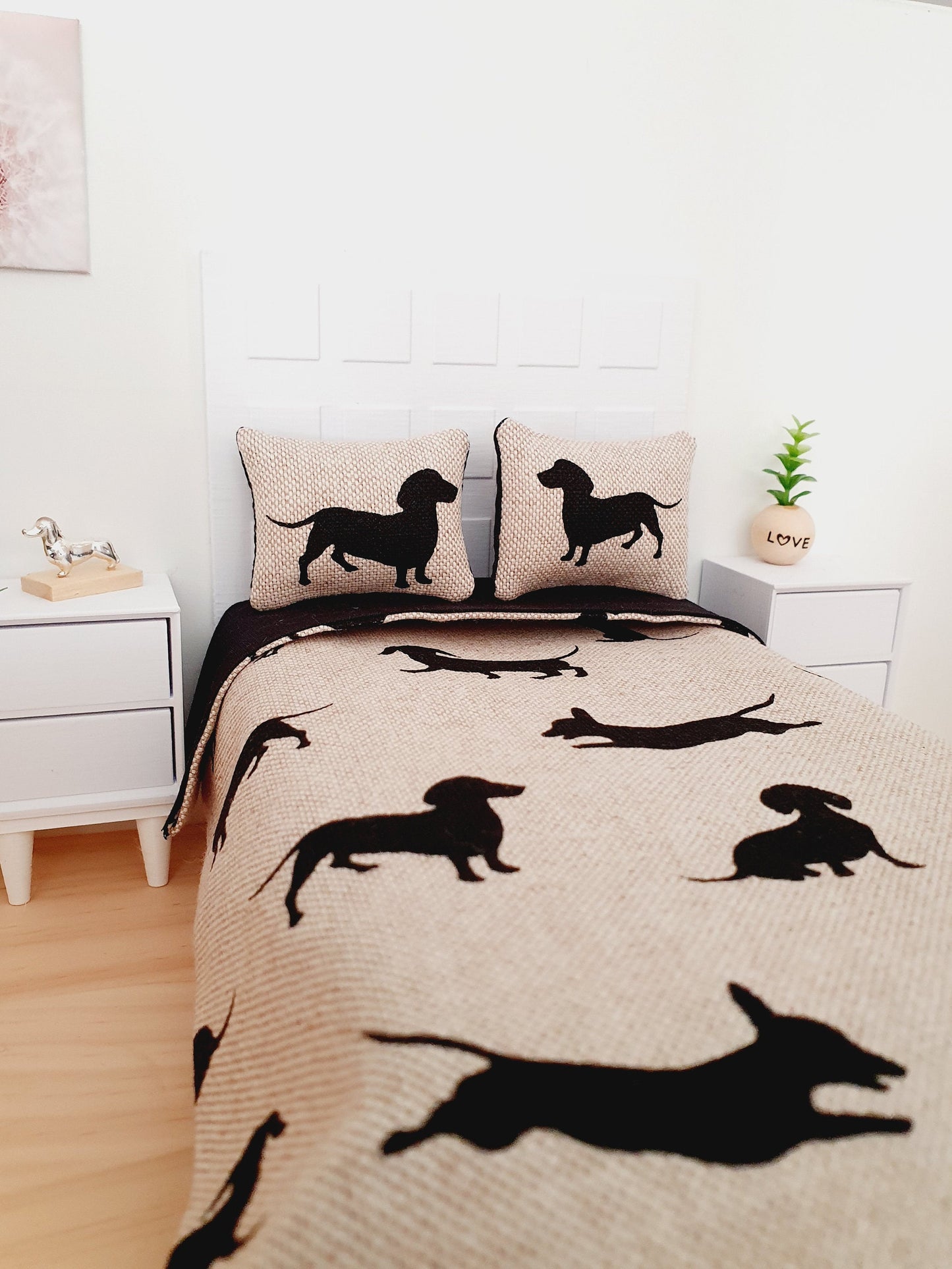 Dolls house 12th Scale 5 piece Sausage Dog Double Bedding set, miniature bed set, fun bedding