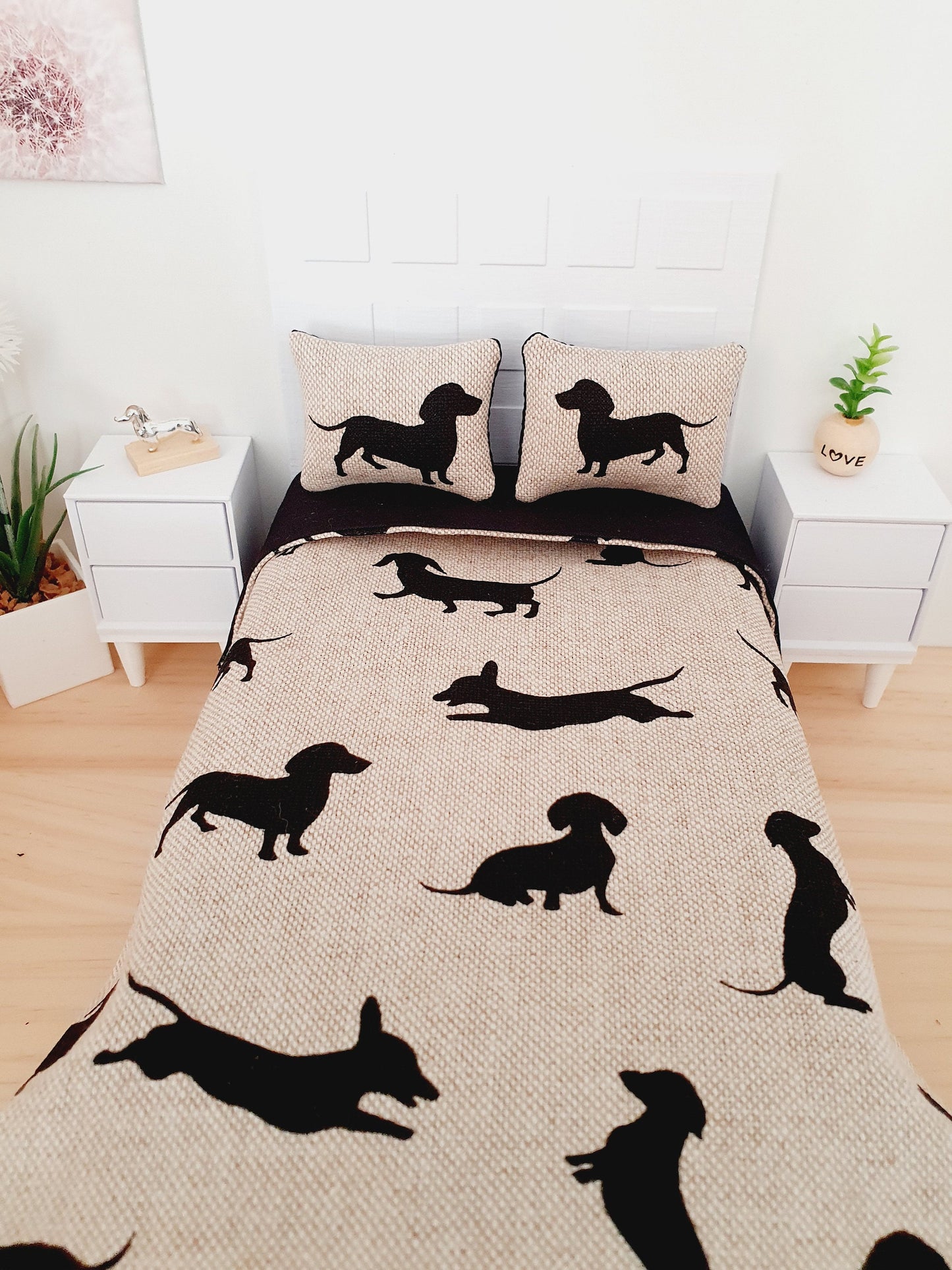 Dolls house 12th Scale 5 piece Sausage Dog Double Bedding set, miniature bed set, fun bedding