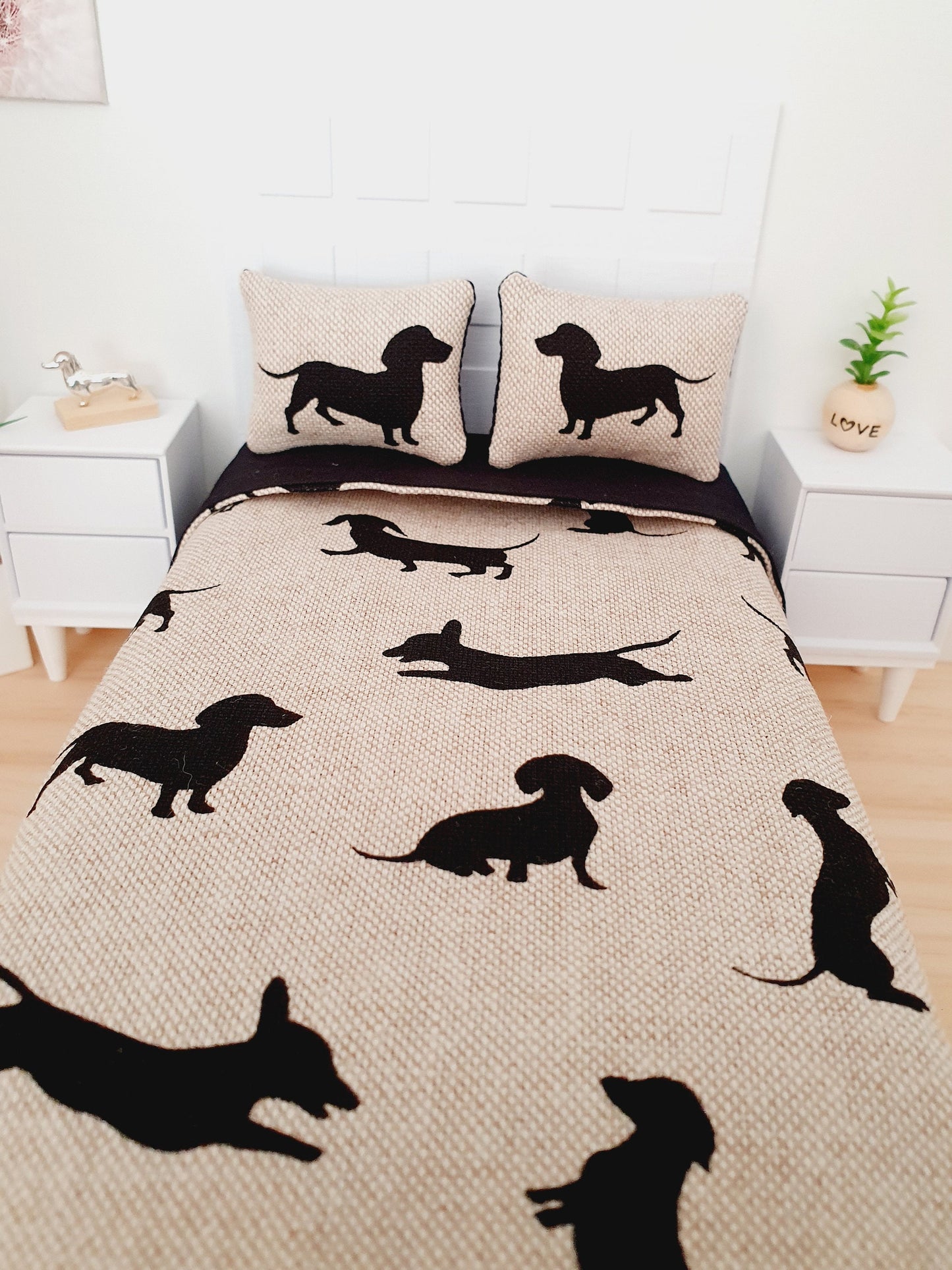Dolls house 12th Scale 5 piece Sausage Dog Double Bedding set, miniature bed set, fun bedding