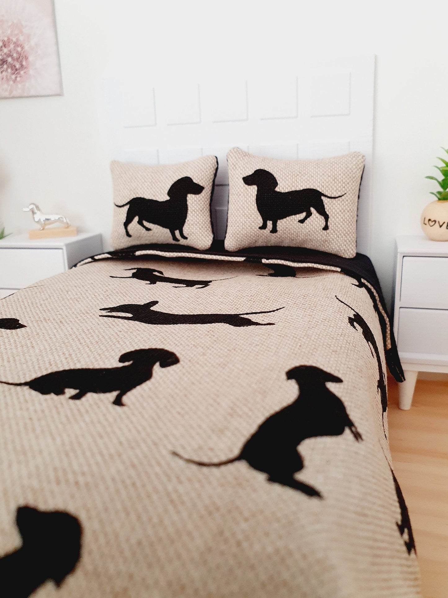 Dolls house 12th Scale 5 piece Sausage Dog Double Bedding set, miniature bed set, fun bedding