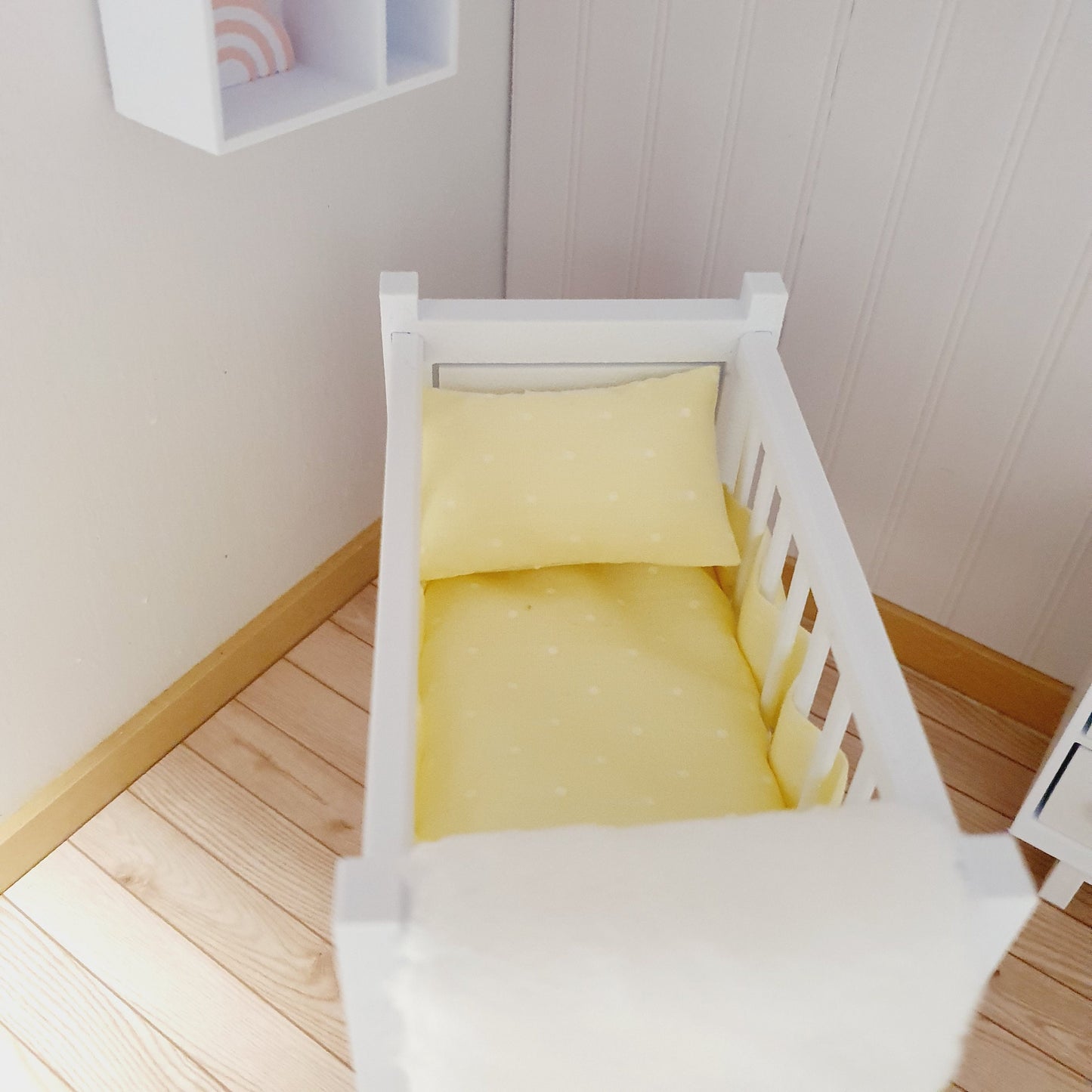 Dolls House Cot Bedding Set – Yellow Polka Dot Design, Handmade in England, 1:12 Scale