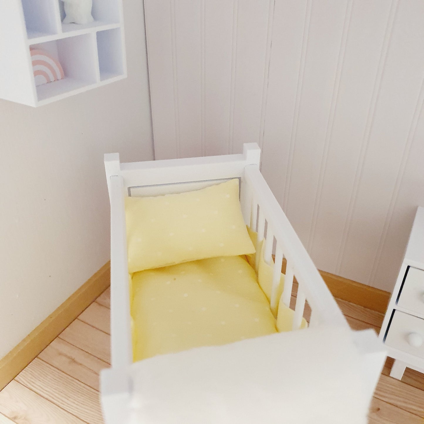 Dolls House Cot Bedding Set – Yellow Polka Dot Design, Handmade in England, 1:12 Scale