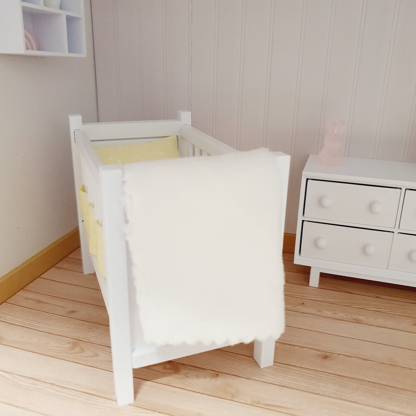 Dolls House Cot Bedding Set – Yellow Polka Dot Design, Handmade in England, 1:12 Scale
