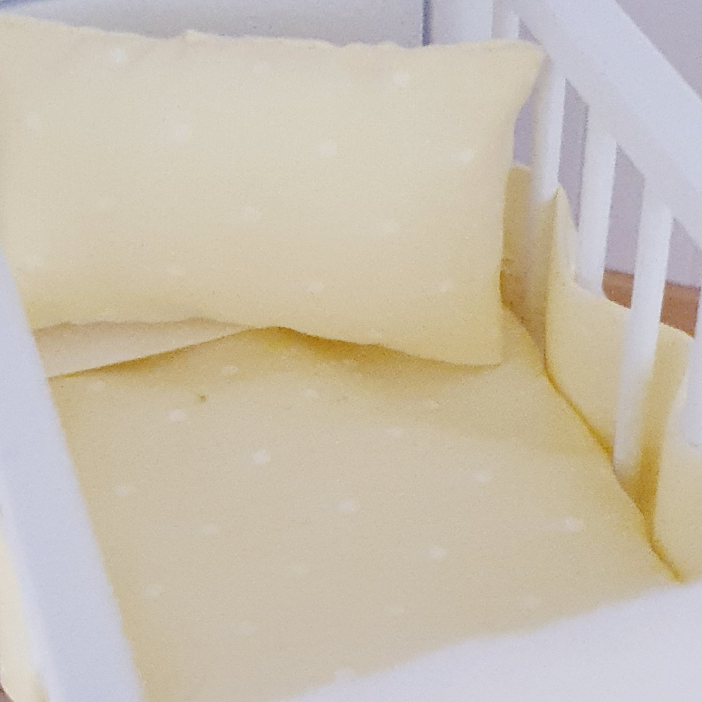Dolls House Cot Bedding Set – Yellow Polka Dot Design, Handmade in England, 1:12 Scale