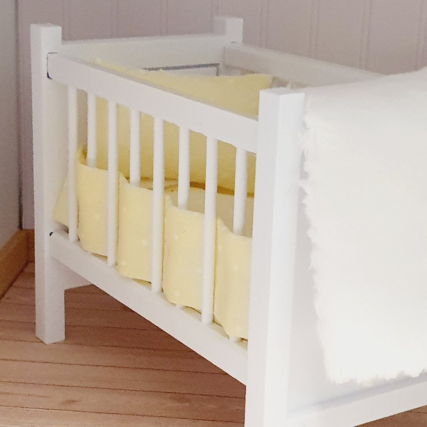 Dolls House Cot Bedding Set – Yellow Polka Dot Design, Handmade in England, 1:12 Scale