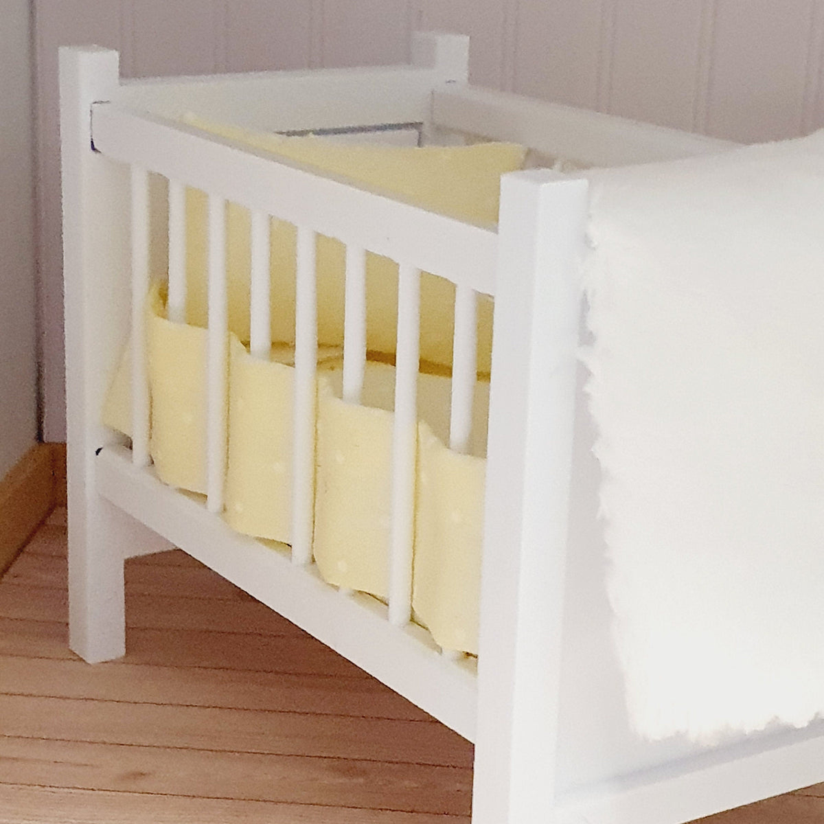 Dolls House Cot Bedding Set – Yellow Polka Dot Design, Handmade in England, 1:12 Scale