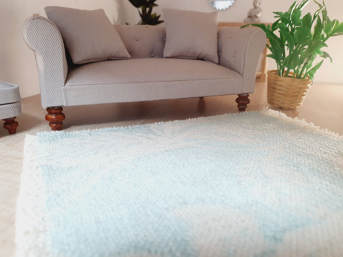 Dolls House Off White / Duck Egg Blue Coloured Rug, 1:12th Scale, Miniature rug