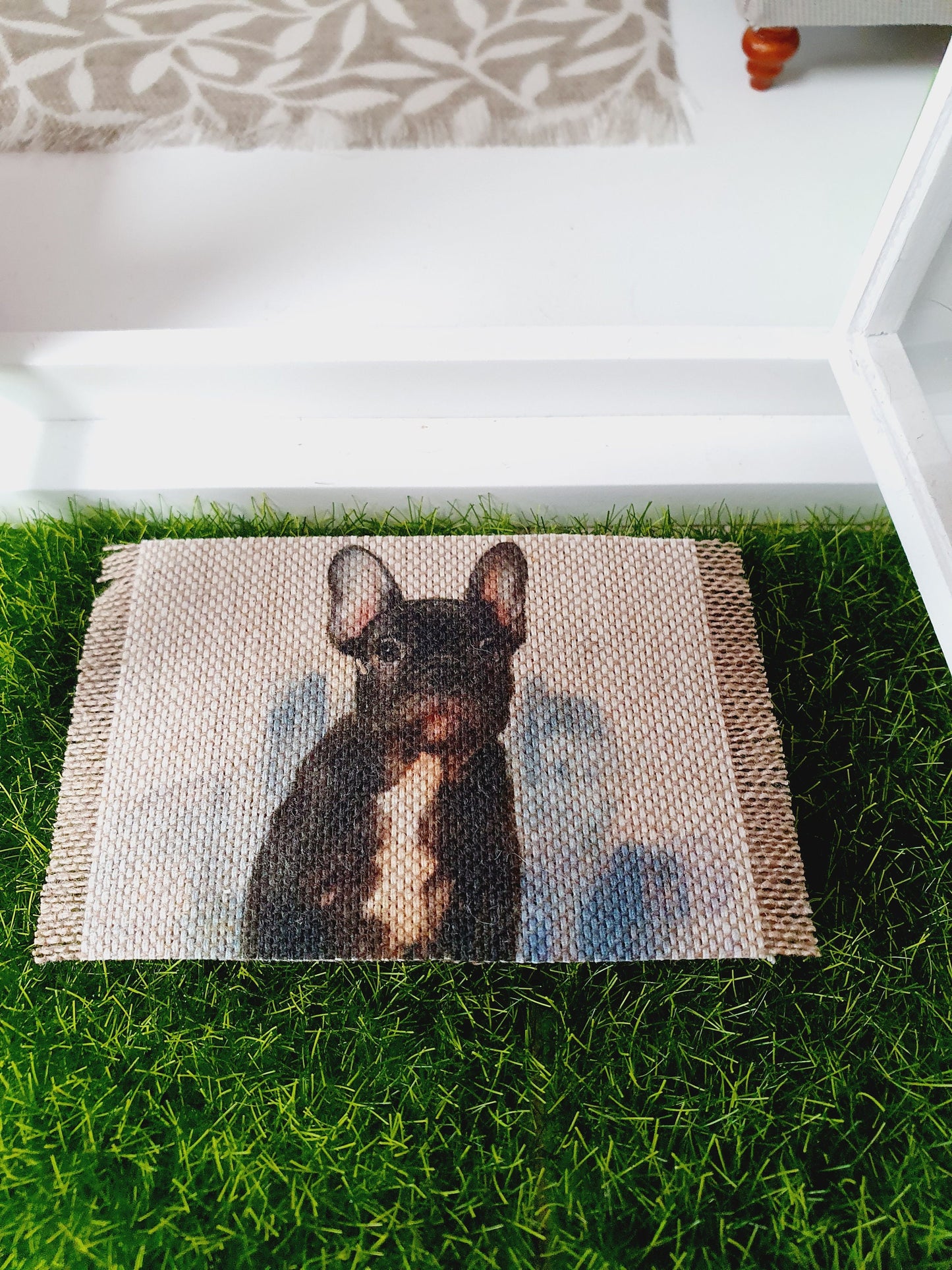 Dolls House French Bulldog Dog Design Fabric Door Mat | 1:12th Scale | Miniature Mat