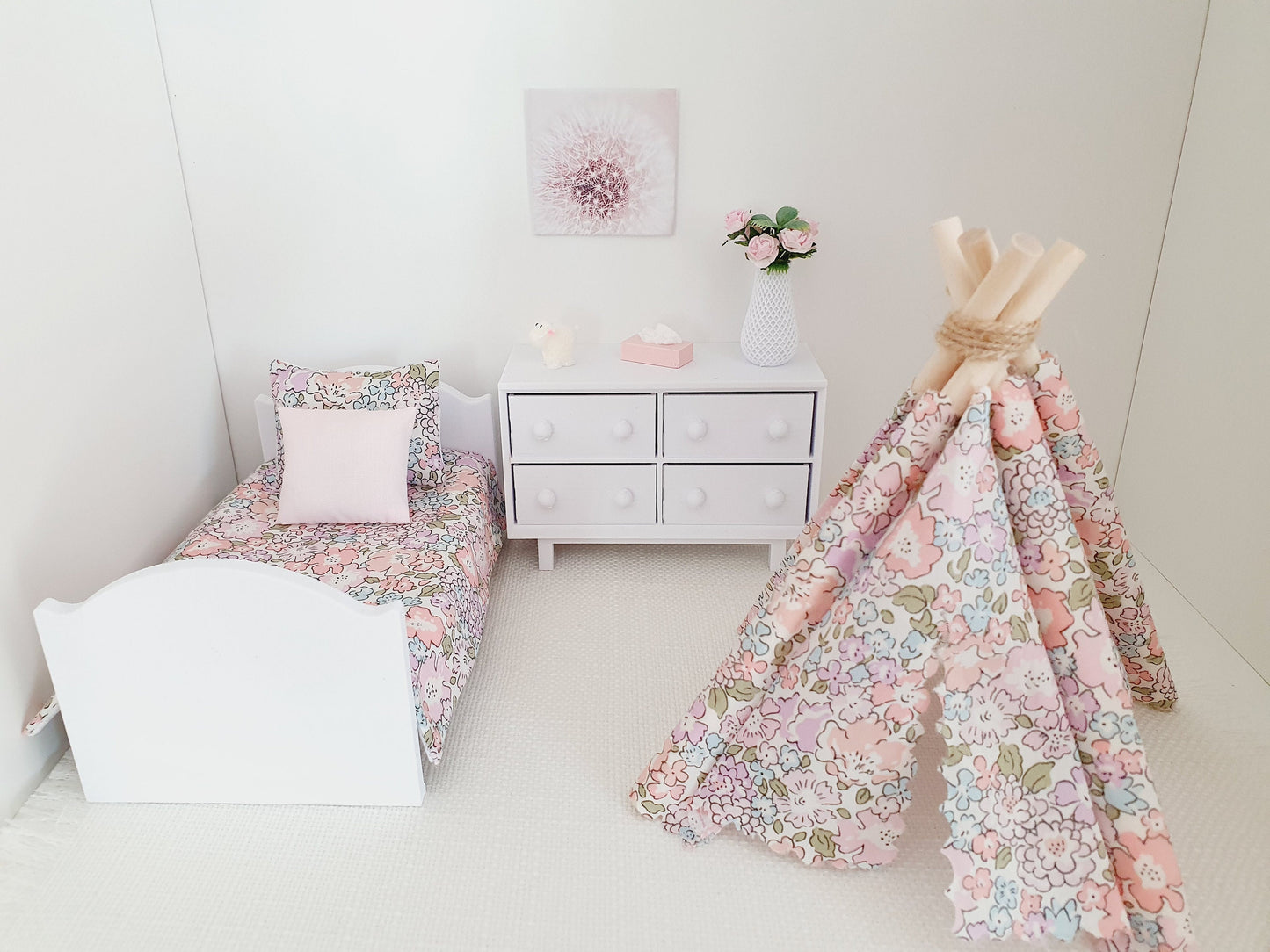 Dolls house Pretty Pink Liberty TeePee / Tent, Michelle Pink Fabric, 12th scale tent, miniature teepee, Tipi, Tent