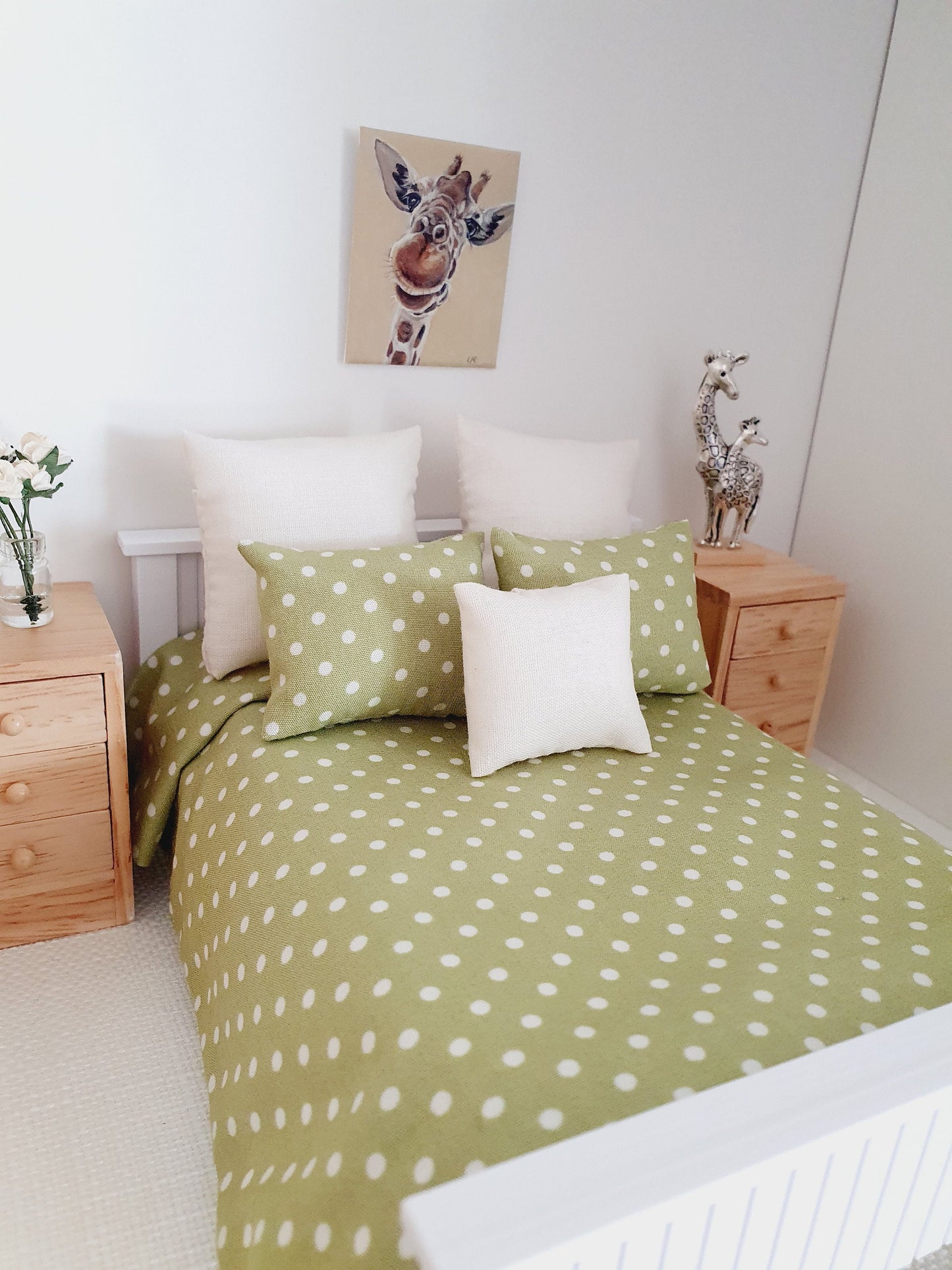 Dolls house 6 piece set, Double bedding, Sage Green Polka Dot print, 12th scale bedding, miniature bed set
