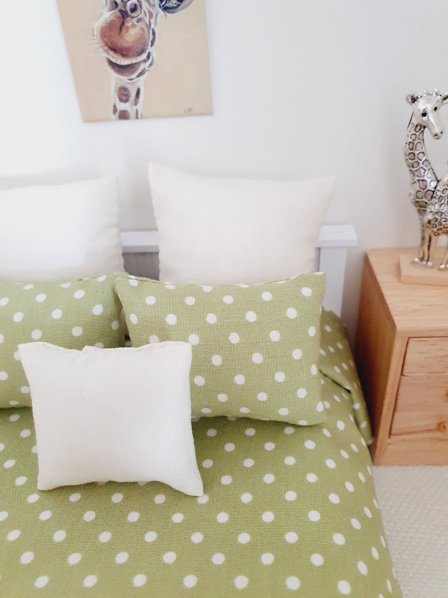 Dolls house 6 piece set, Double bedding, Sage Green Polka Dot print, 12th scale bedding, miniature bed set