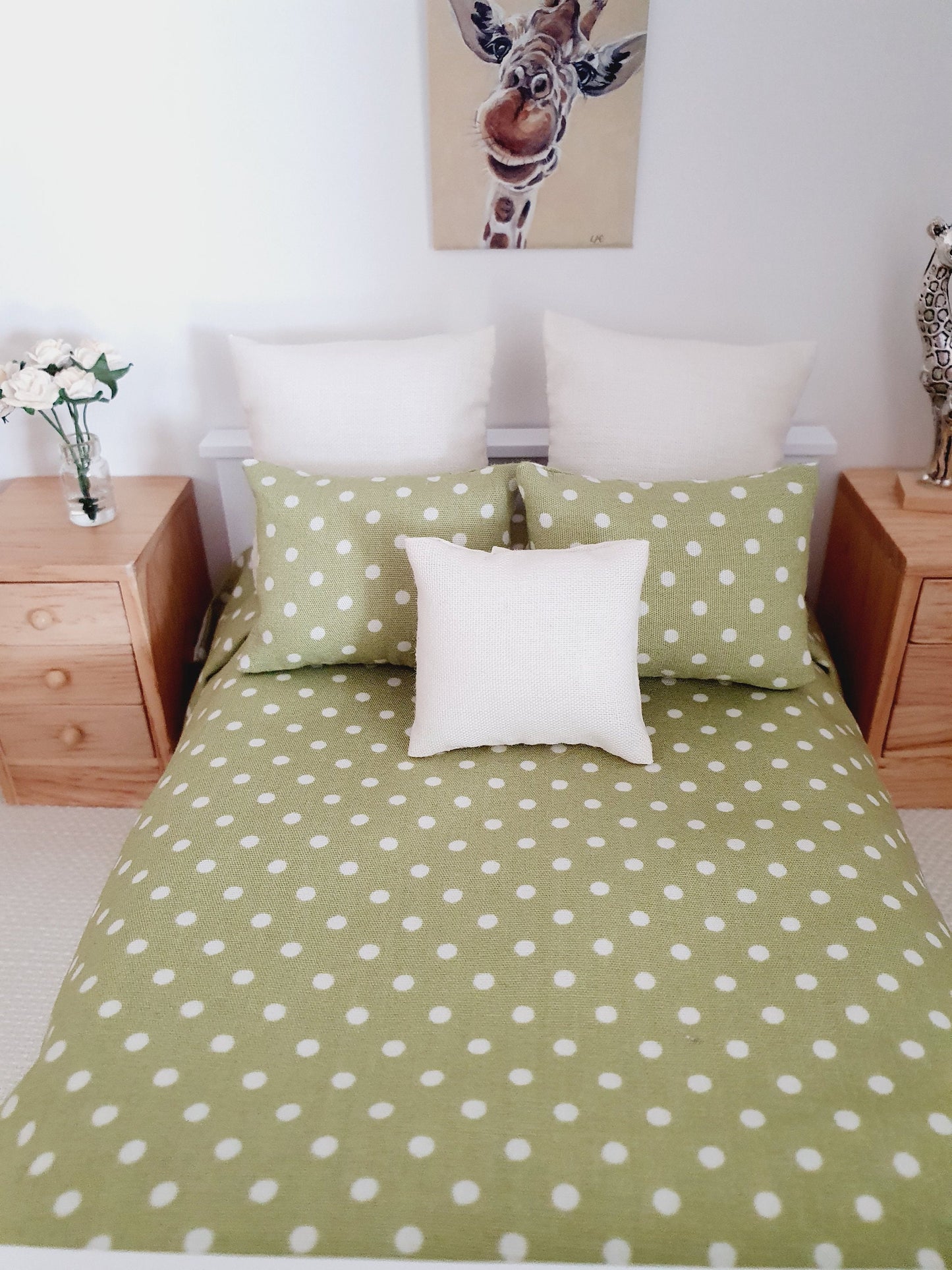 Dolls house 6 piece set, Double bedding, Sage Green Polka Dot print, 12th scale bedding, miniature bed set