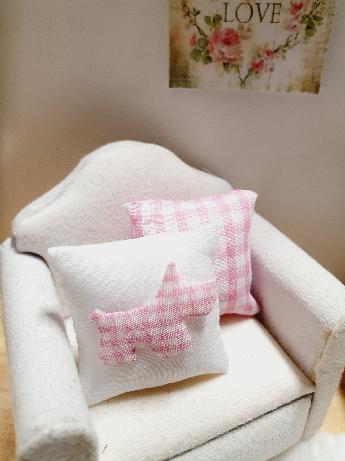 Dolls house Cushion Pair | Scottie Dog Pink Check Cushions | 12th scale cushions, miniature cushions