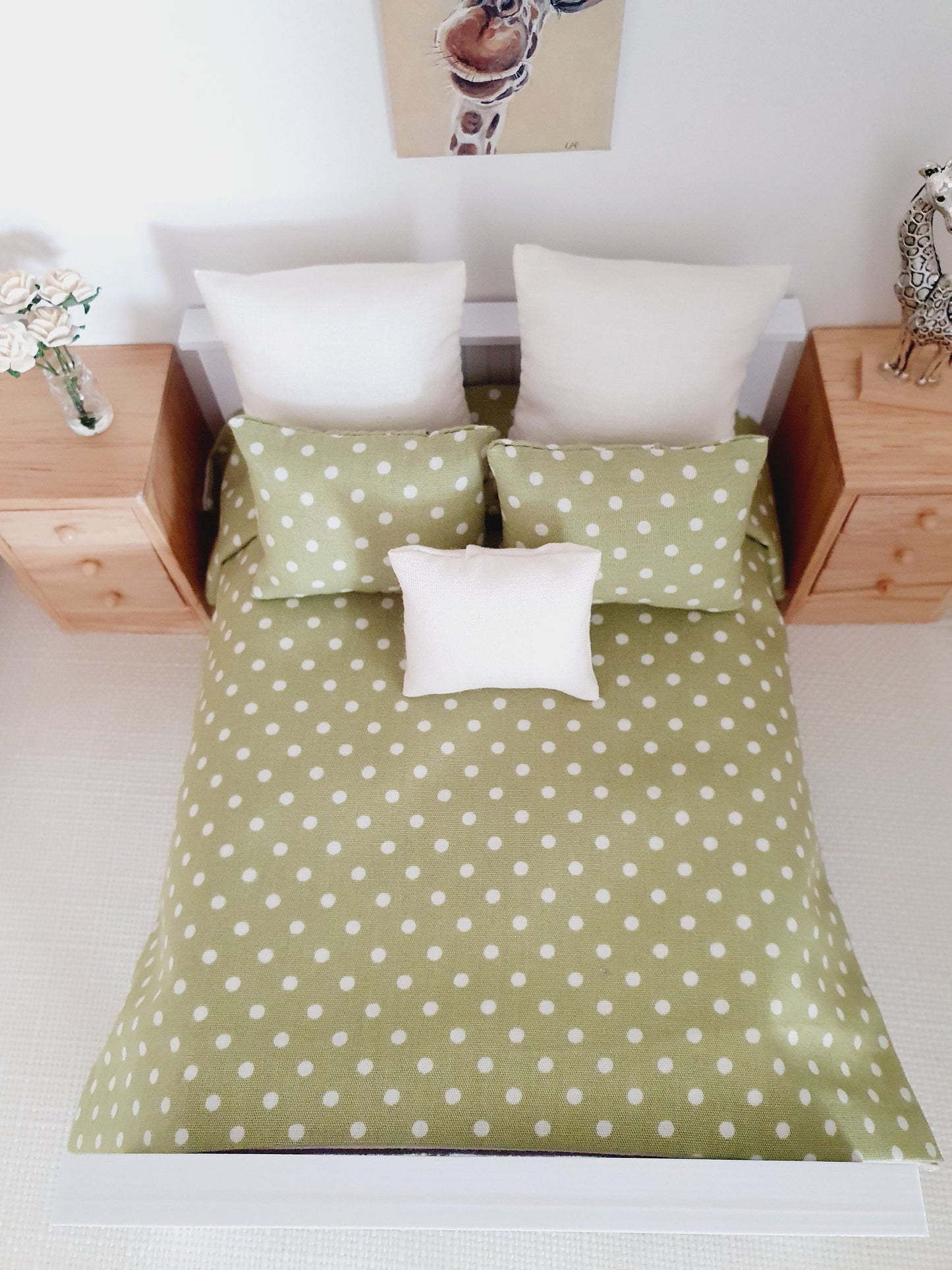 Dolls house 6 piece set, Double bedding, Sage Green Polka Dot print, 12th scale bedding, miniature bed set