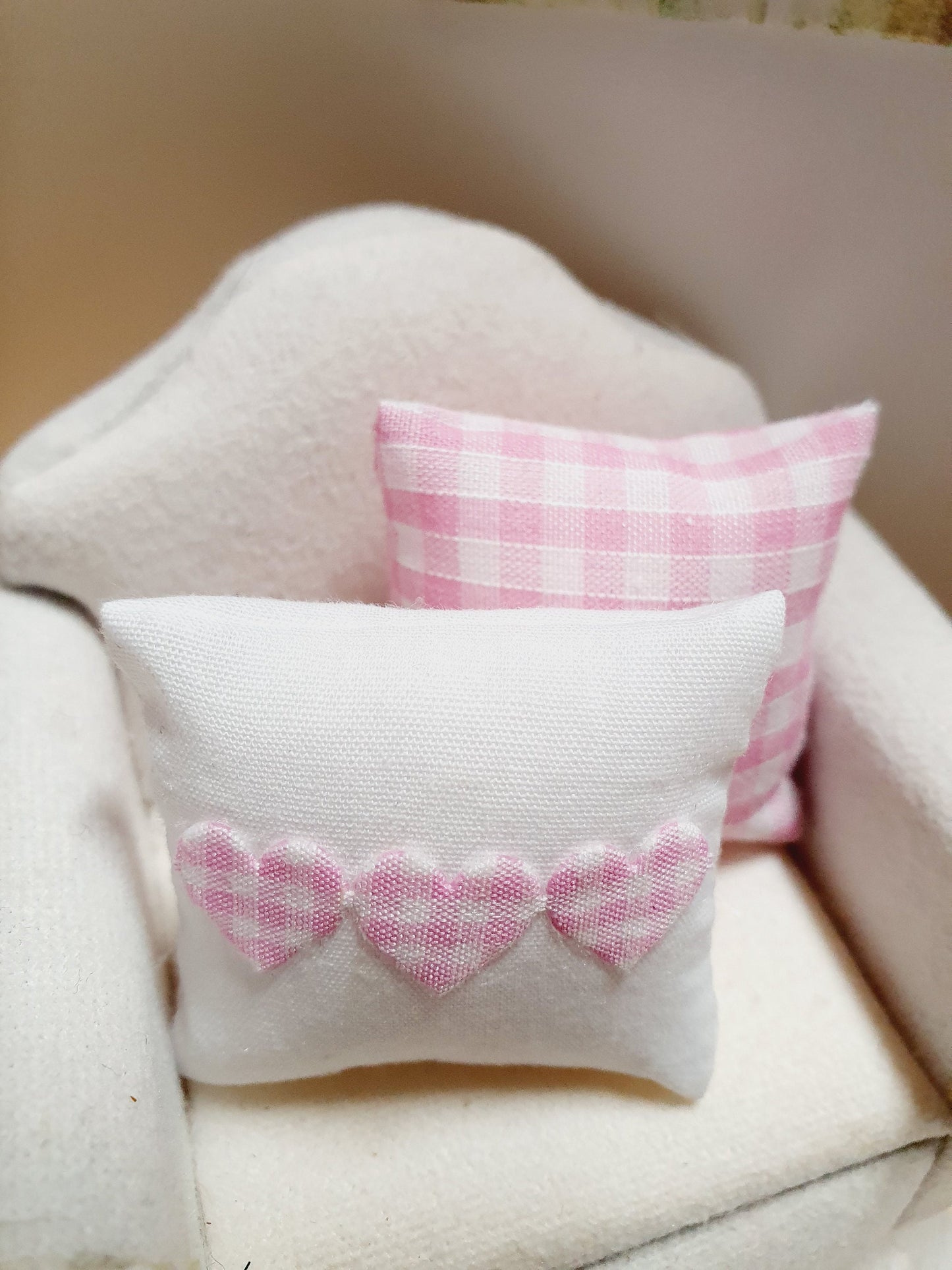 Dolls house 2x cushions, 1x Pink check & 1x white with pink check Love Hearts, 12th scale cushions, miniature cushions