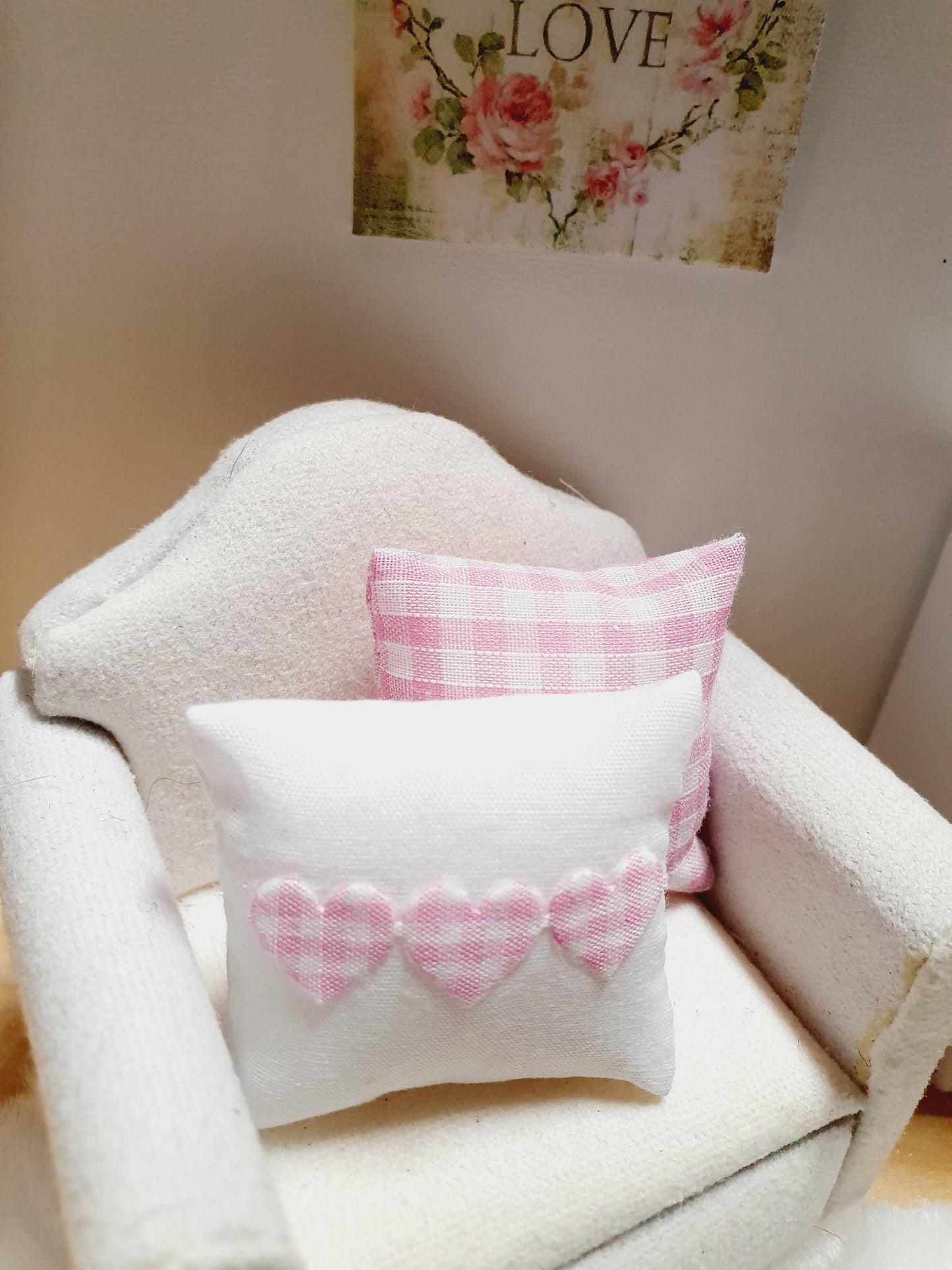 Dolls house 2x cushions, 1x Pink check & 1x white with pink check Love Hearts, 12th scale cushions, miniature cushions