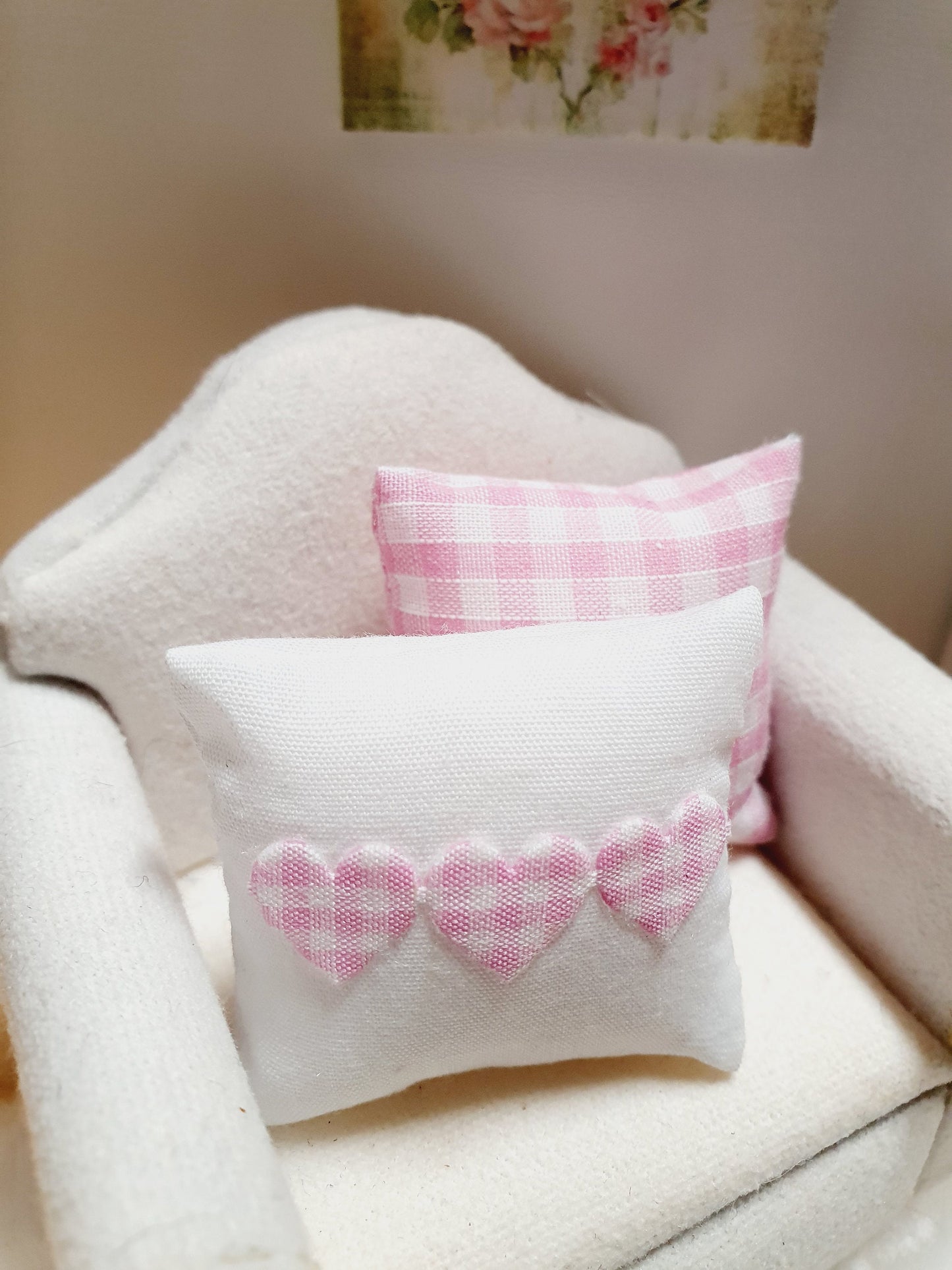 Dolls house 2x cushions, 1x Pink check & 1x white with pink check Love Hearts, 12th scale cushions, miniature cushions